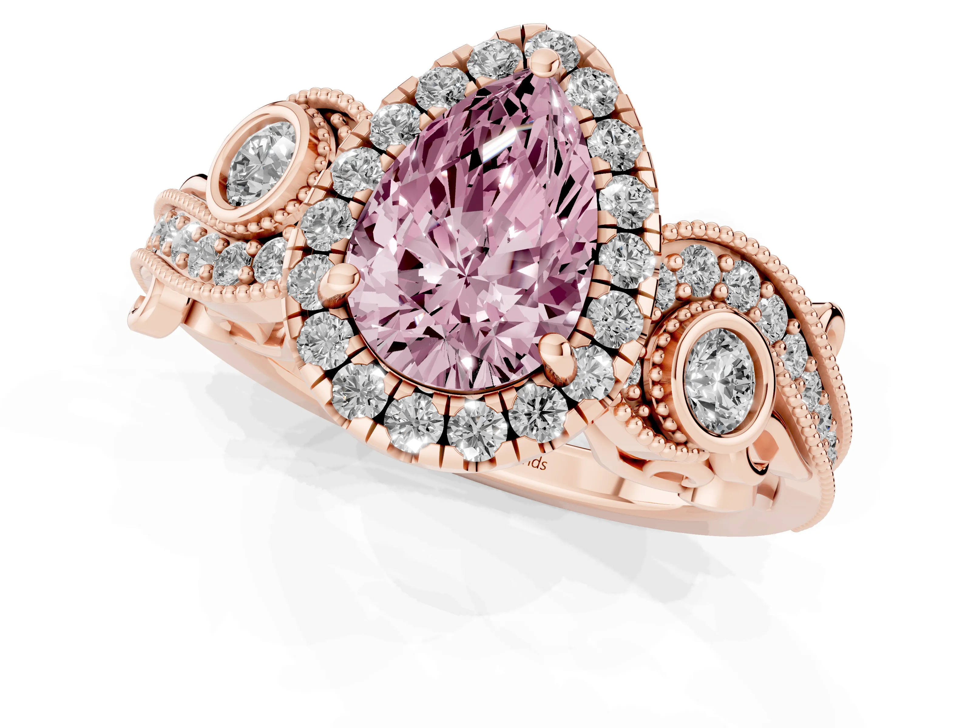 Fancy Pink Pear Cut Diamond Halo Ring Set in Rose gold with Milgrain Pavé Band and Prong Setting