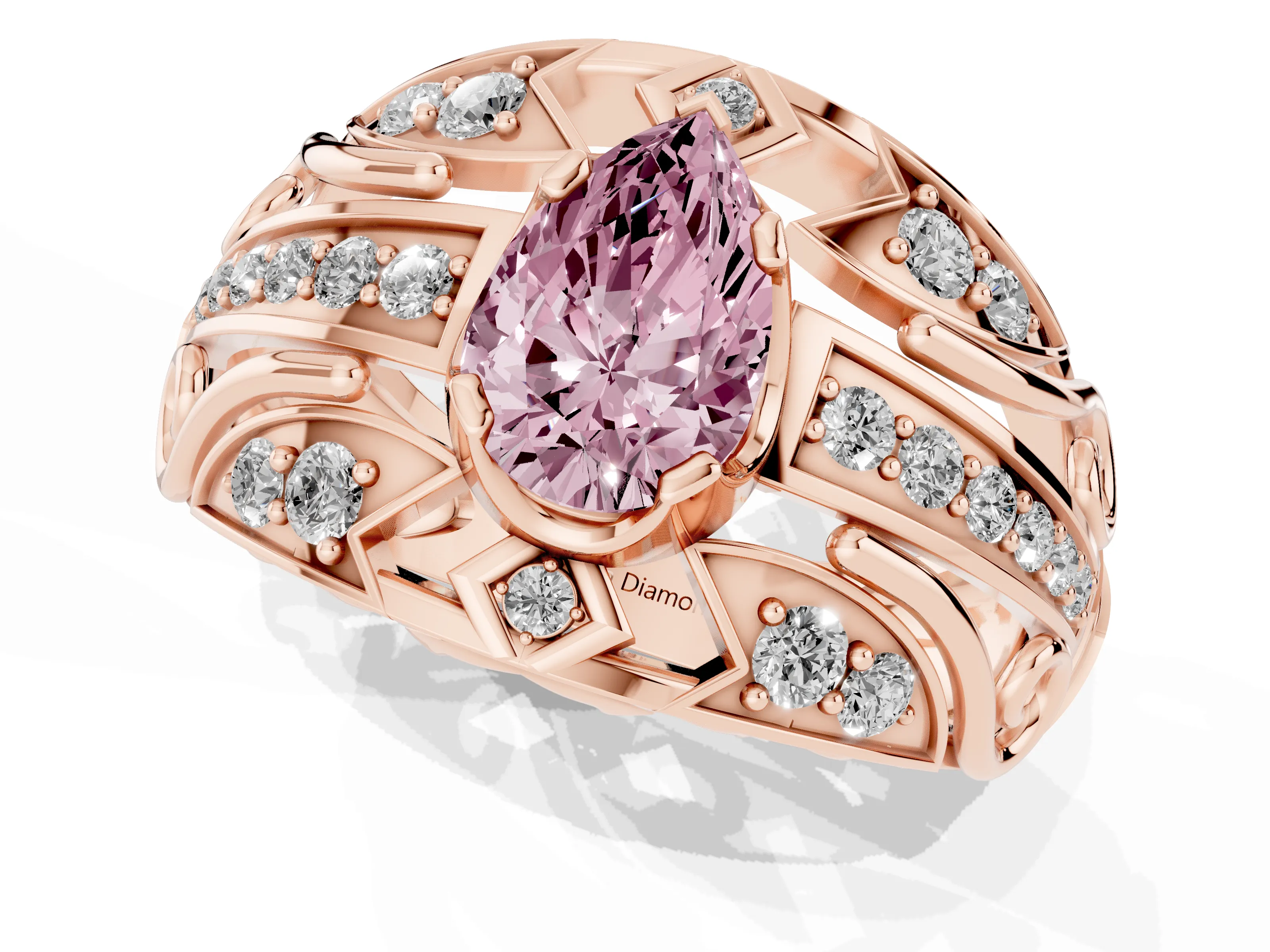 Fancy Pink Pear Cut Diamond Art Deco Ring Set in Rose gold with Pavé Split Shank