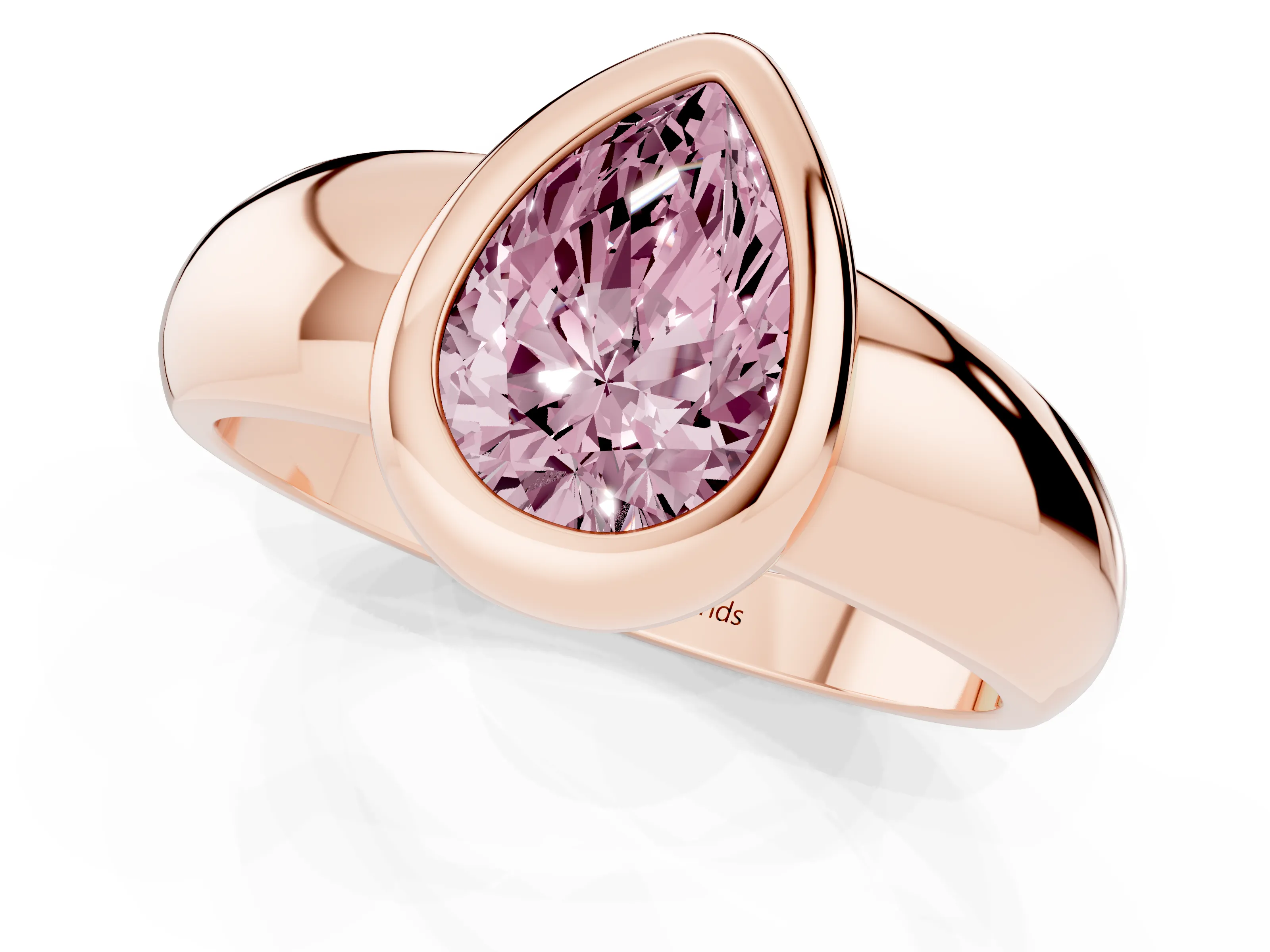 Fancy Pink Bezel Set Pear Cut Diamond Solitaire Ring Set in Rose gold with Wide Band