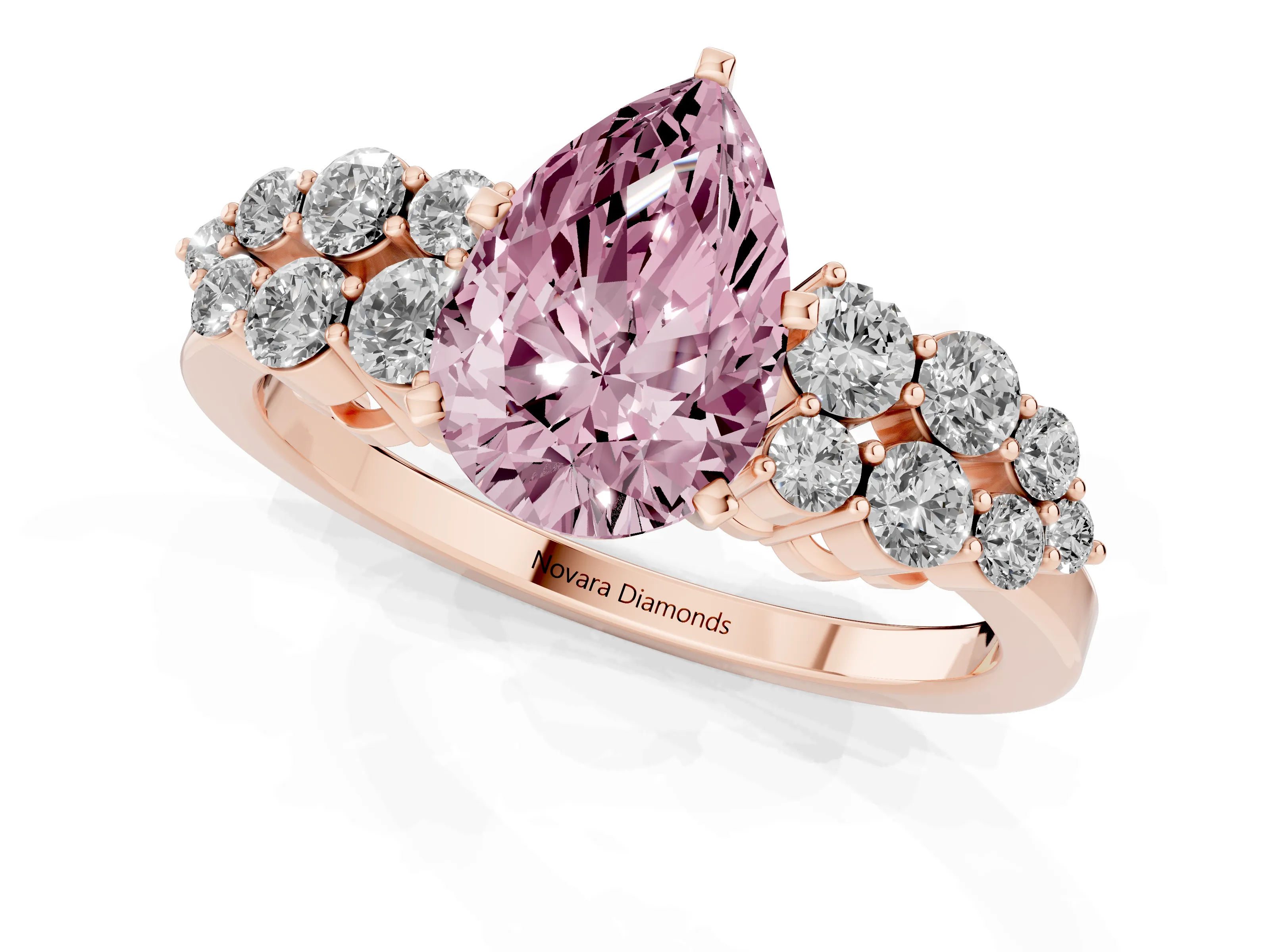 Fancy Pink Pear Cut Diamond Cluster Engagement Ring Set in Rose gold with Pavé Band and Prong Setting