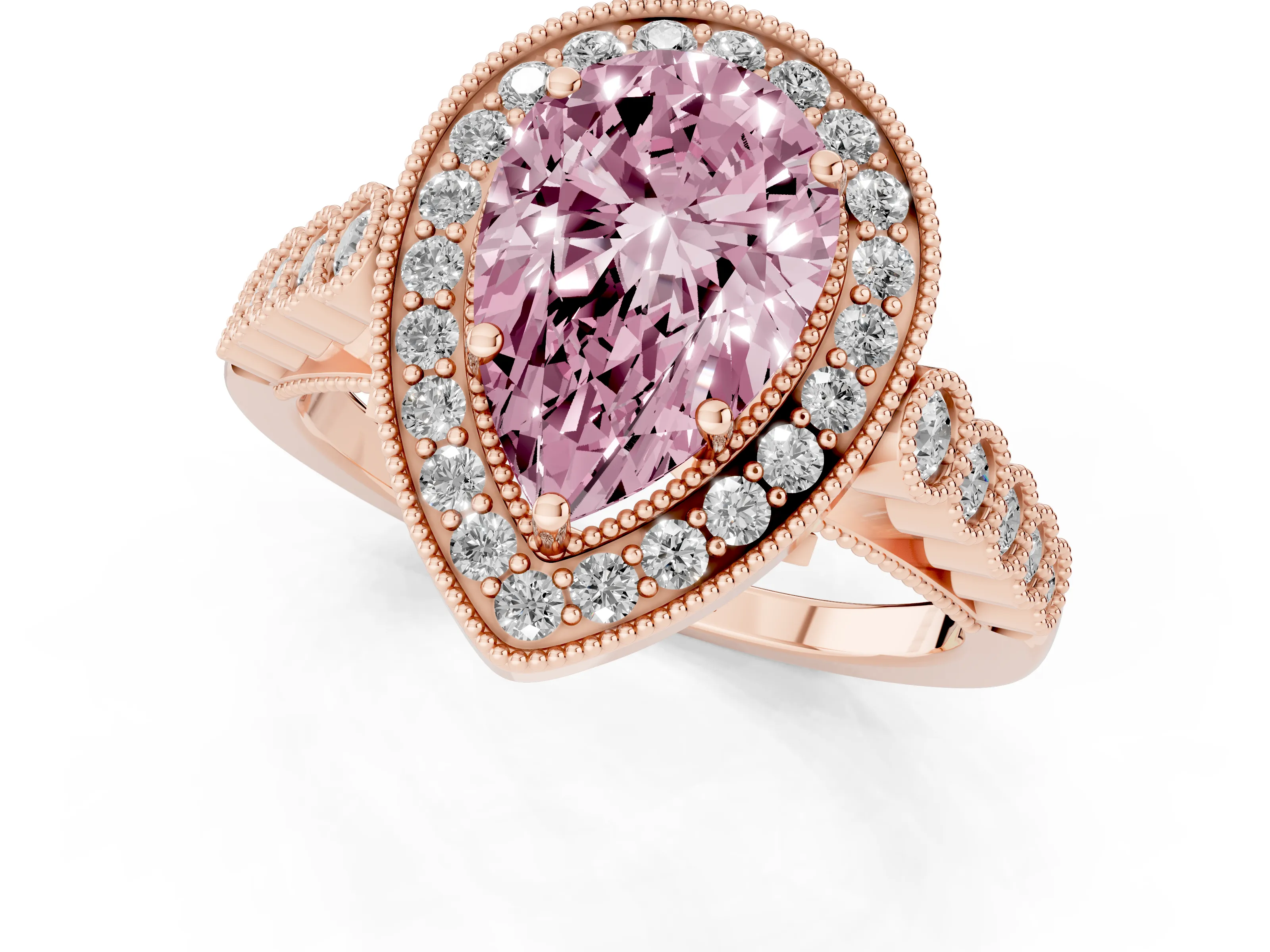 Fancy Pink Pear Cut Diamond Milgrain Halo Solitaire Ring Set in Rose gold with Bezel Set Side Stones and Pavé Band