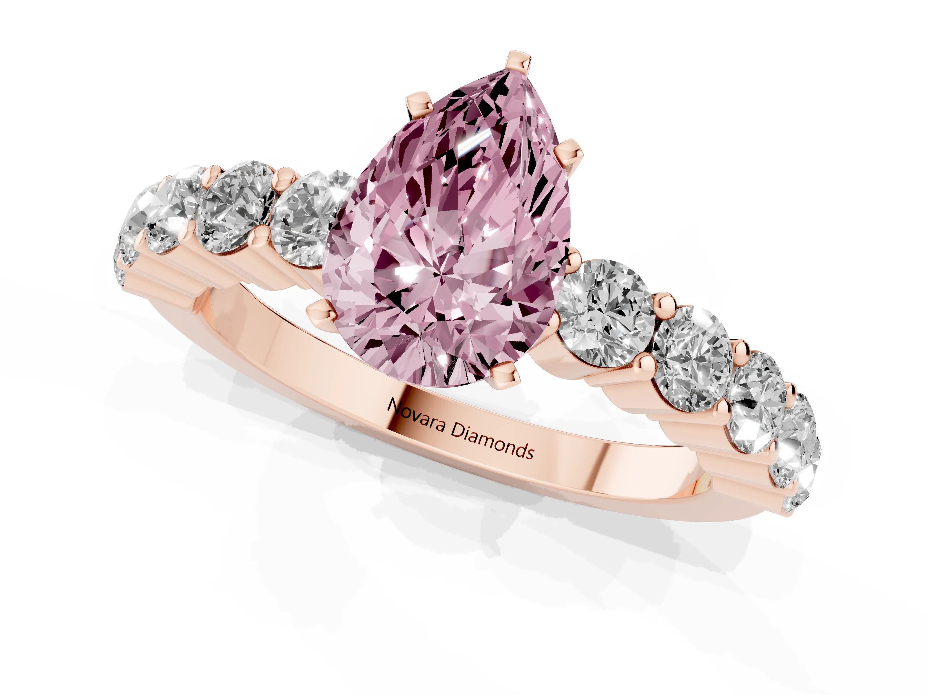 Fancy Pink Pear Cut Diamond Solitaire Ring Set in Rose gold with Shared Prong Round Side Stones