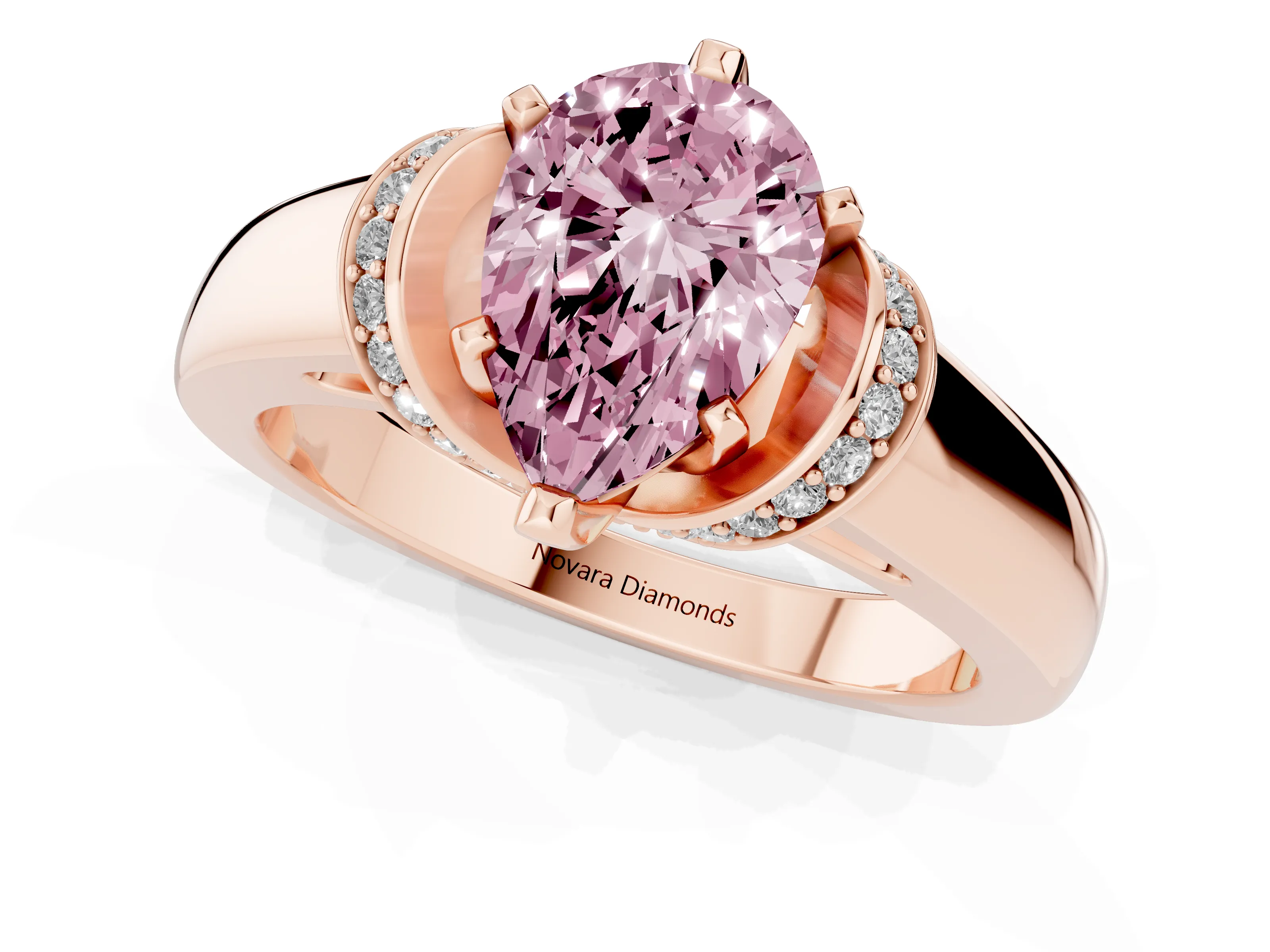 Fancy Pink Pear Cut Diamond Pavé Band Solitaire Ring Set in Rose gold with Prong Setting