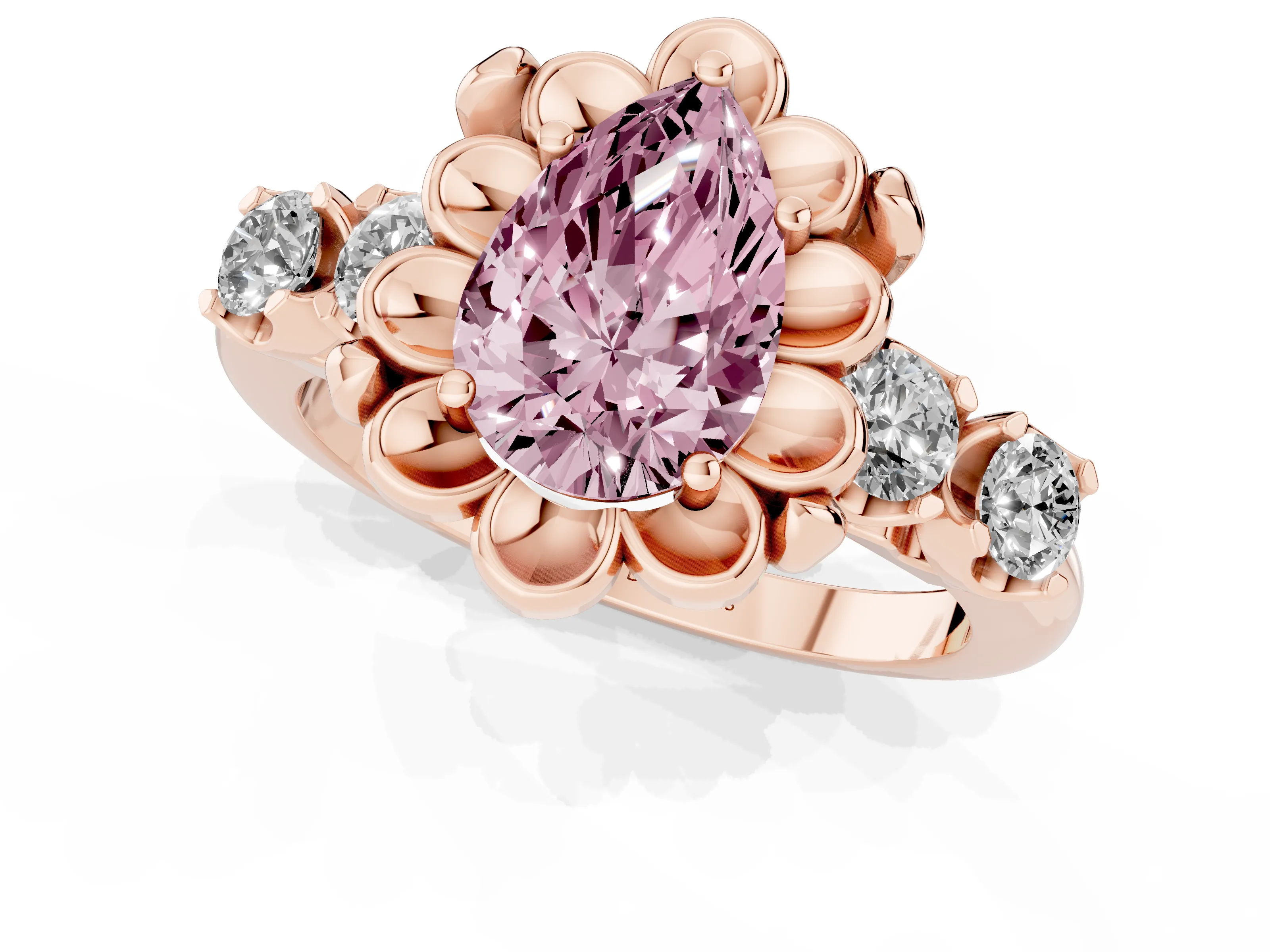 Fancy Pink Pear Cut Diamond Floral Halo Ring Set in Rose gold with Shared Prong Band