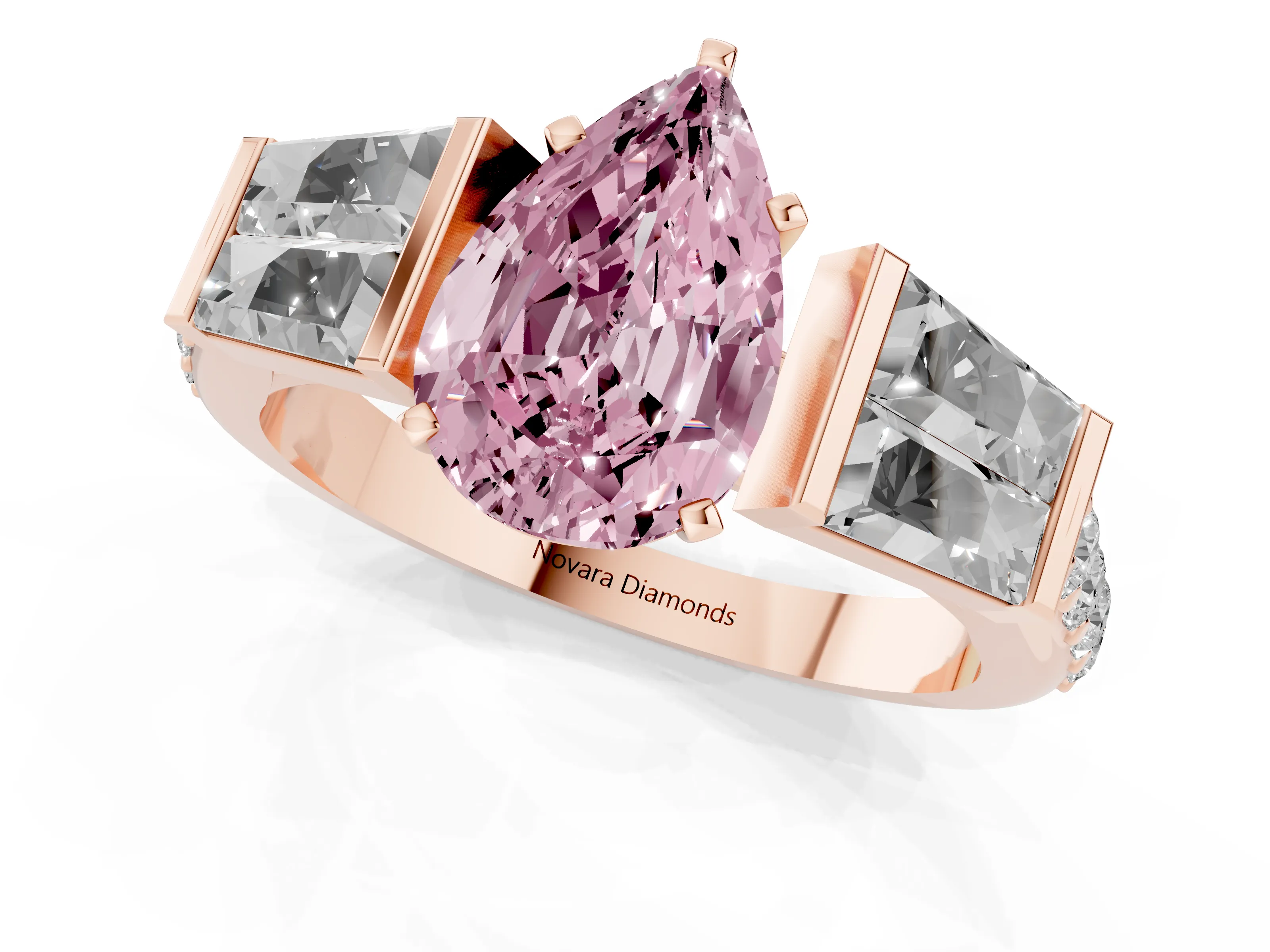 Fancy Pink Pear Cut Diamond Engagement Ring Set in Rose gold with Baguette Side Stones and Channel Set Band