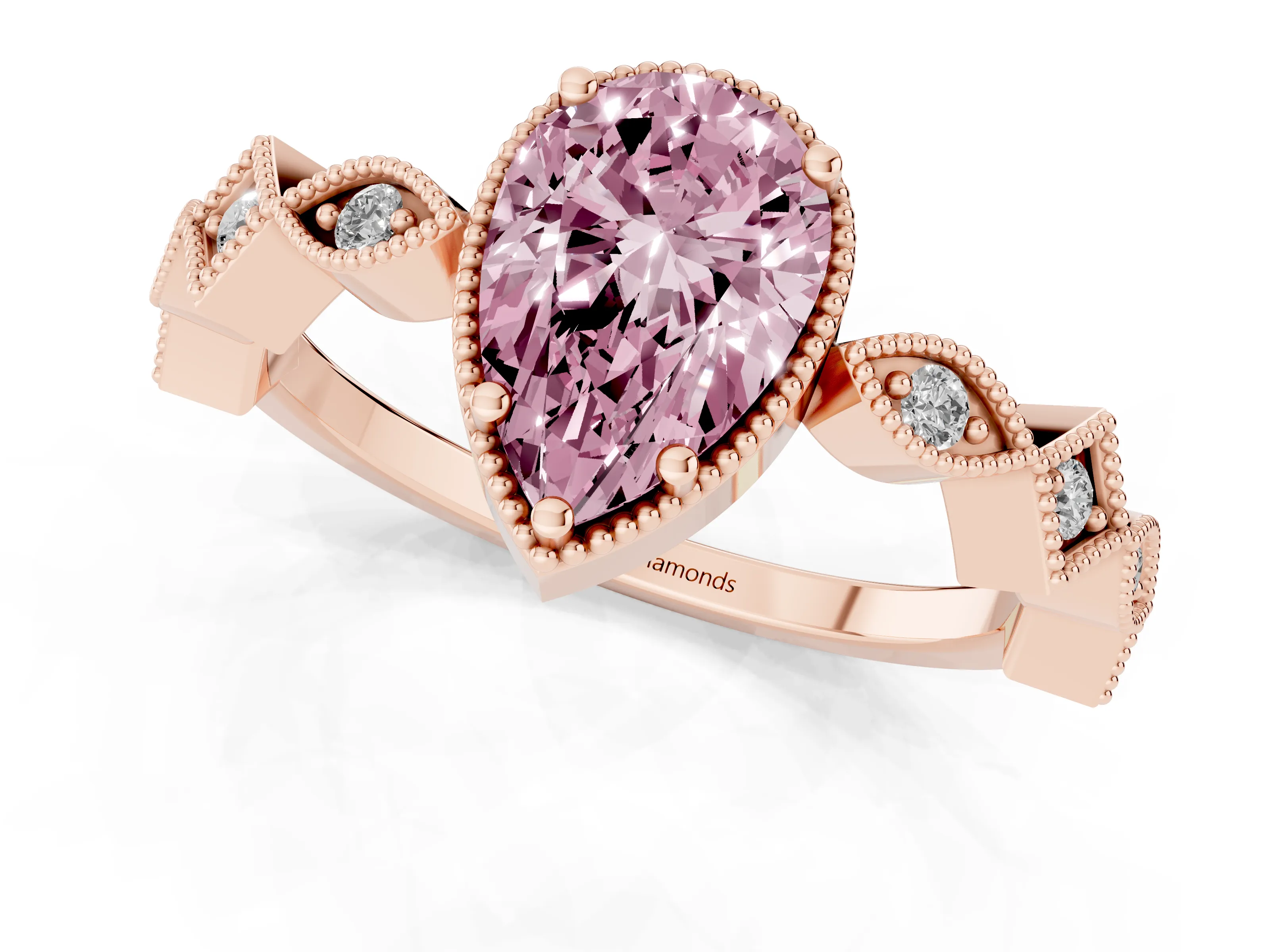 Fancy Pink Pear Cut Diamond Milgrain Marquise Twist Band Ring Set in Rose gold with Prong Setting