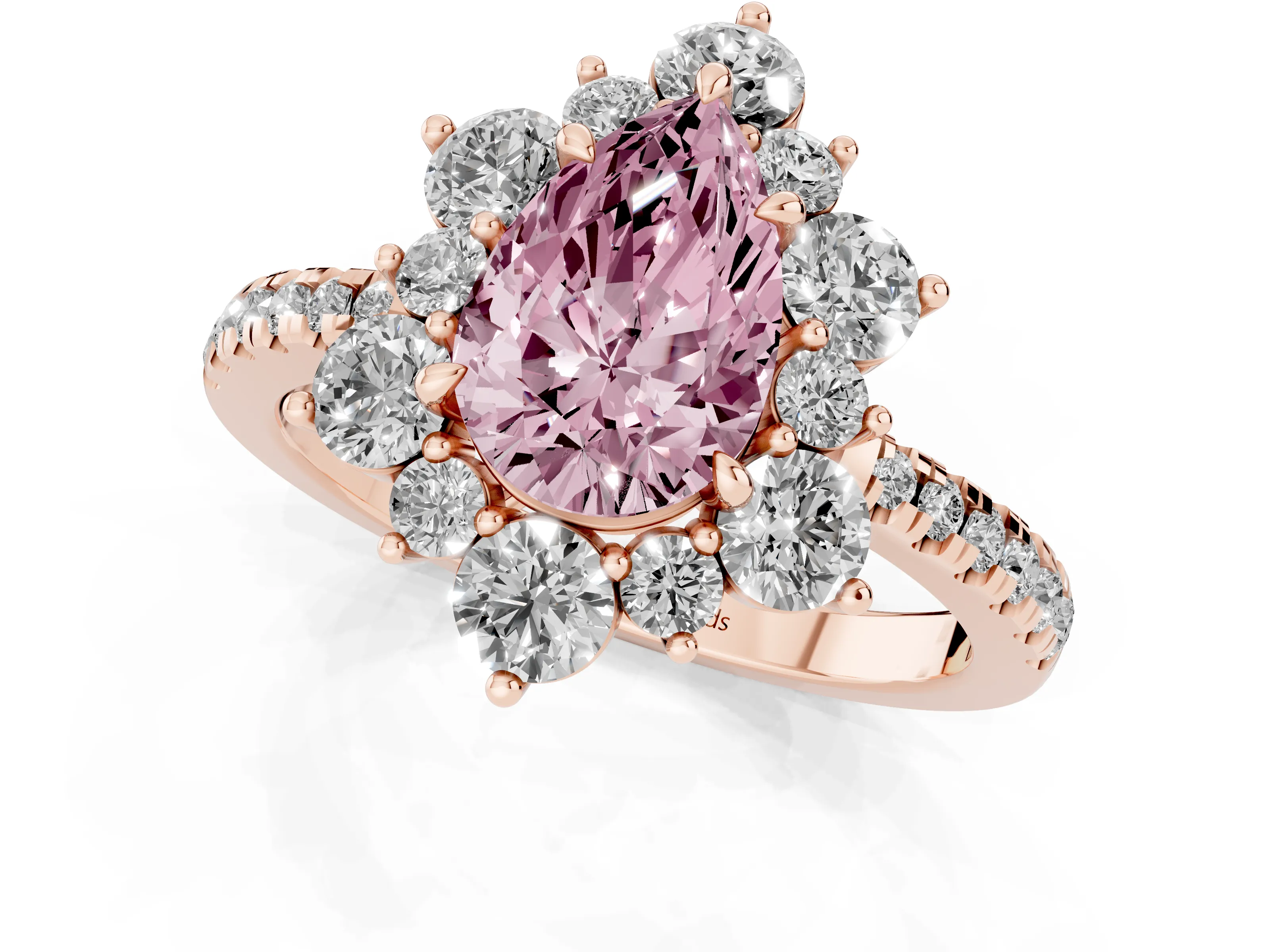 Fancy Pink Pear Cut Diamond Floral Halo Ring Set in Rose gold with Round Pavé Band and Prong Setting