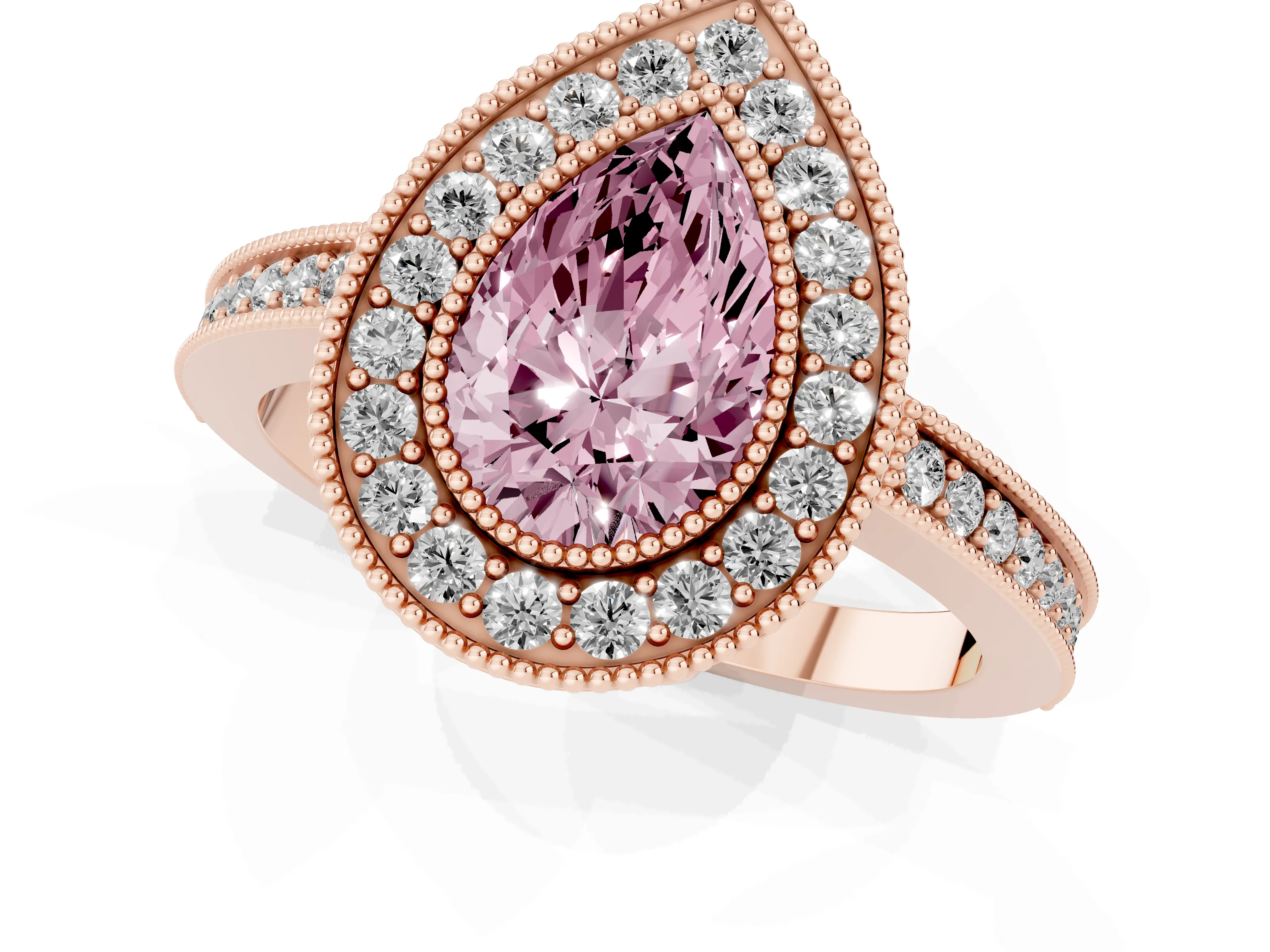 Fancy Pink Pear Cut Diamond Round Halo Ring Set in Rose gold with Pavé Band