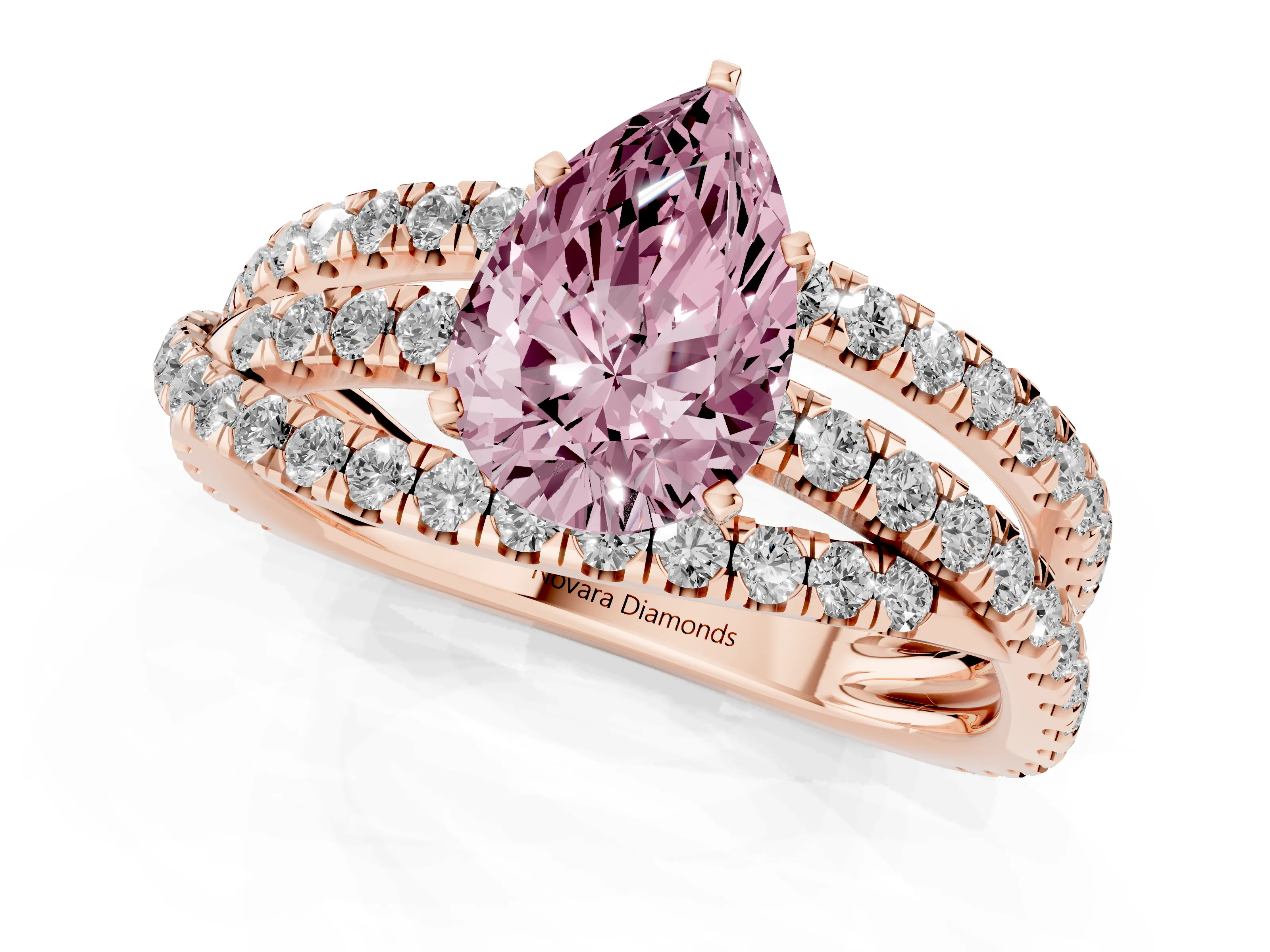 Fancy Pink Pear Cut Diamond Solitaire Twist Band Ring Set in Rose gold with Pavé Setting and Prong Head