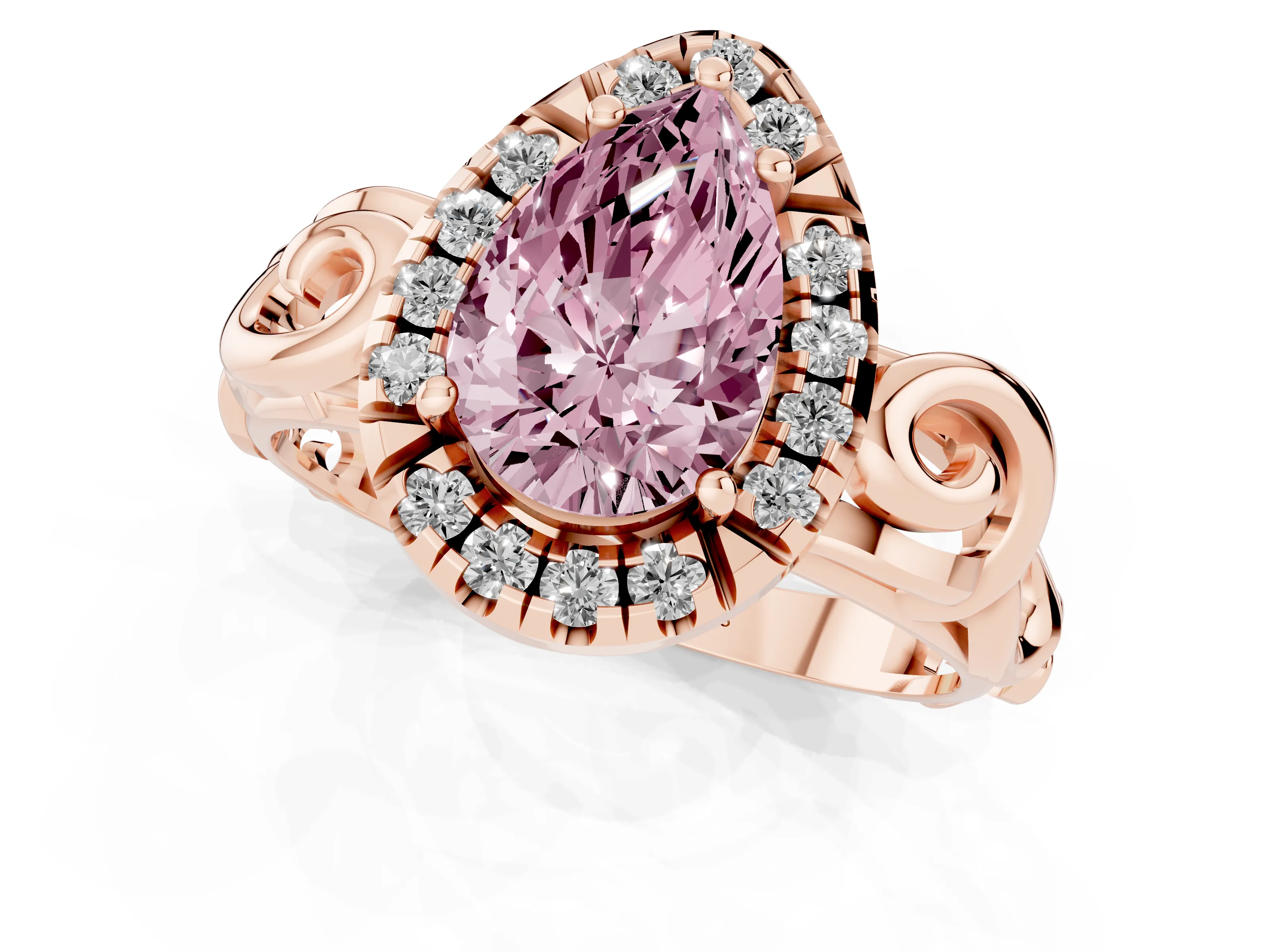 Fancy Pink Pear Cut Diamond Halo Ring Set in Rose gold with Scrollwork Band and Prong Setting