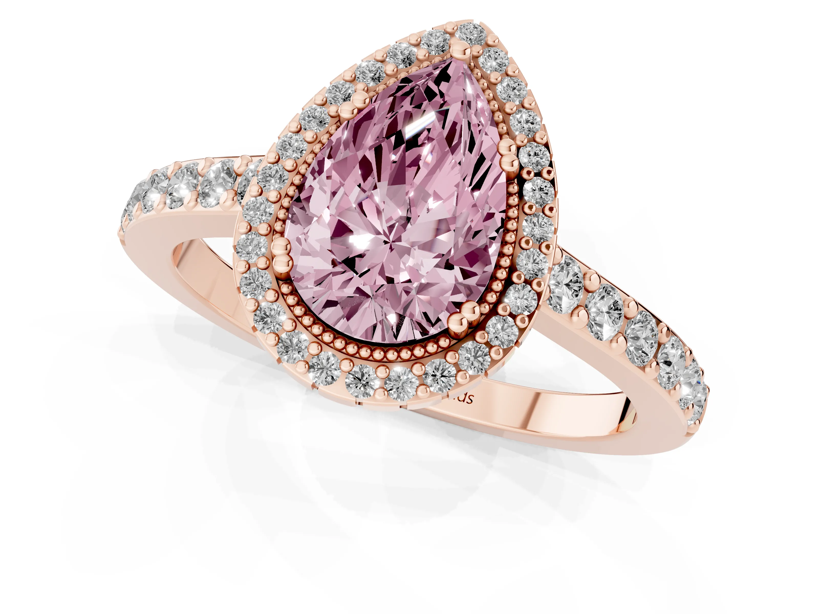Fancy Pink Pear Cut Diamond Halo Engagement Ring Set in Rose gold with Milgrain Detail and Pavé Band