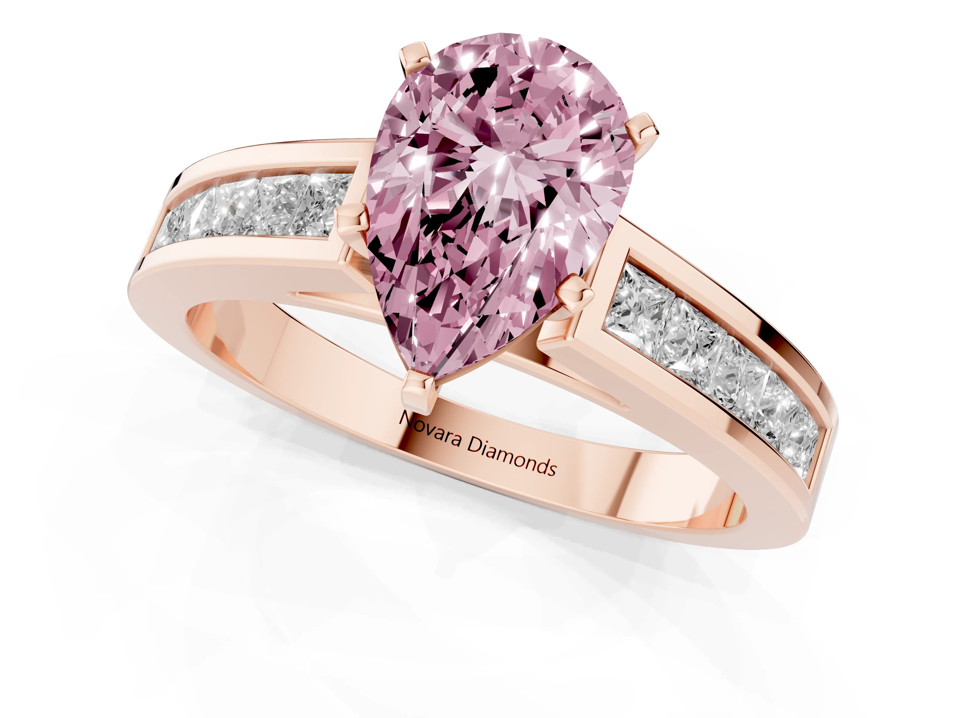 Fancy Pink Pear Cut Diamond Solitaire Ring Set in Rose gold with Channel-Set Band and Prong Setting