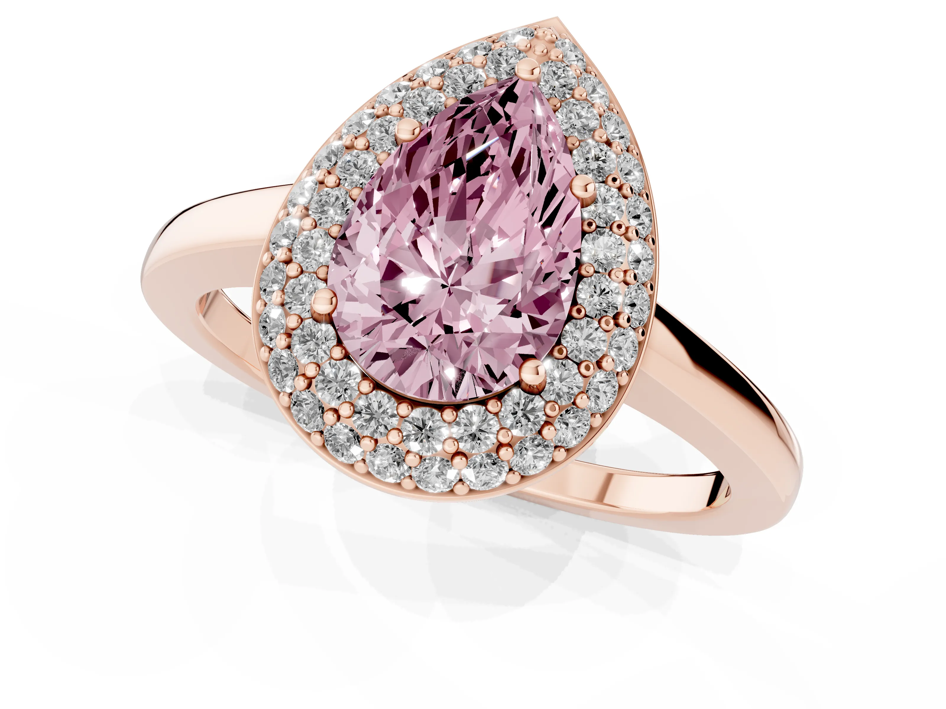 Fancy Pink Pear Cut Diamond Halo Engagement Ring Set in Rose gold with Solitaire Band and Prong Setting