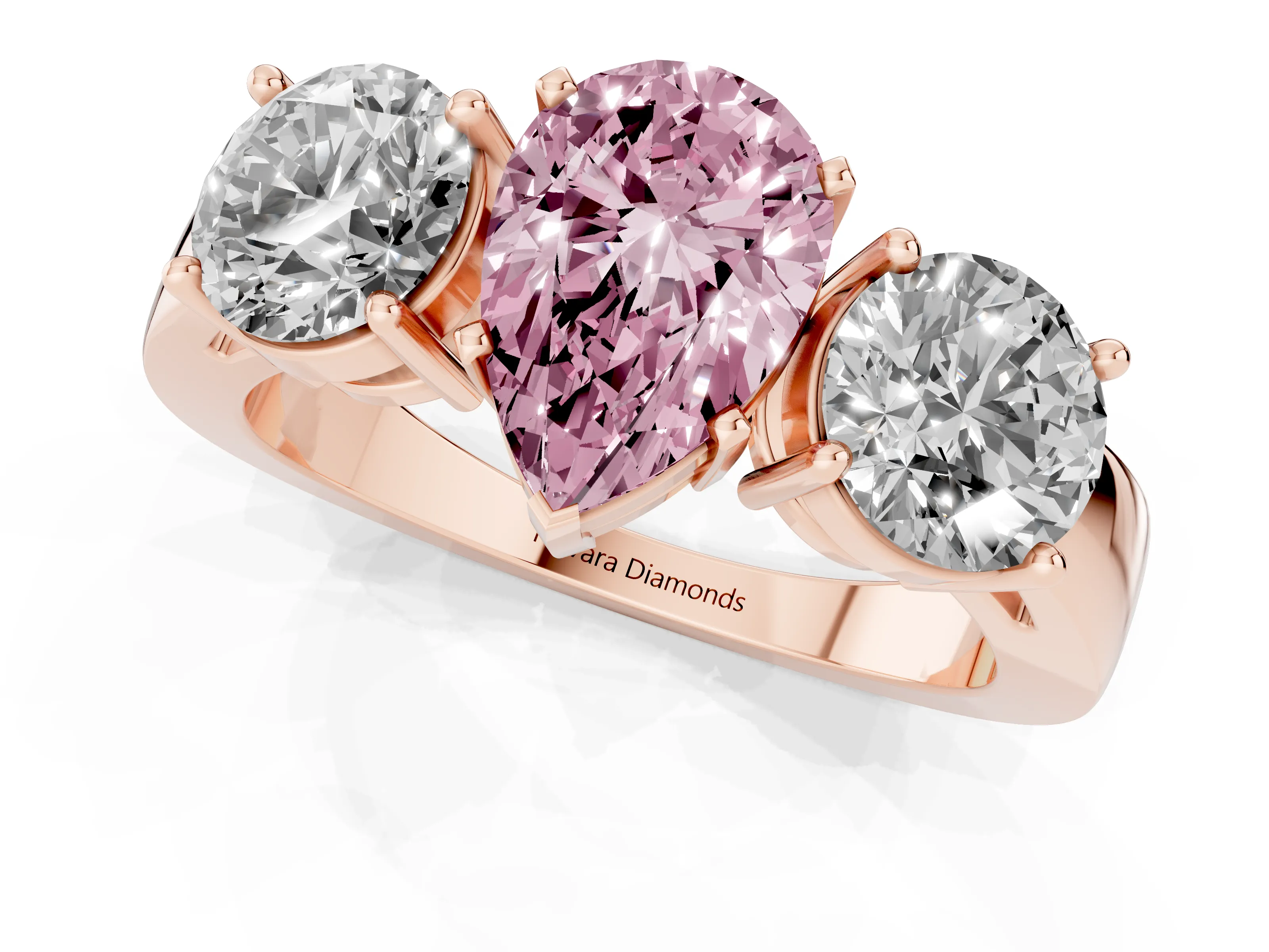 Fancy Pink Pear Cut Diamond Three-Stone Ring Set in Rose gold with Round Side Stones and Classic Band