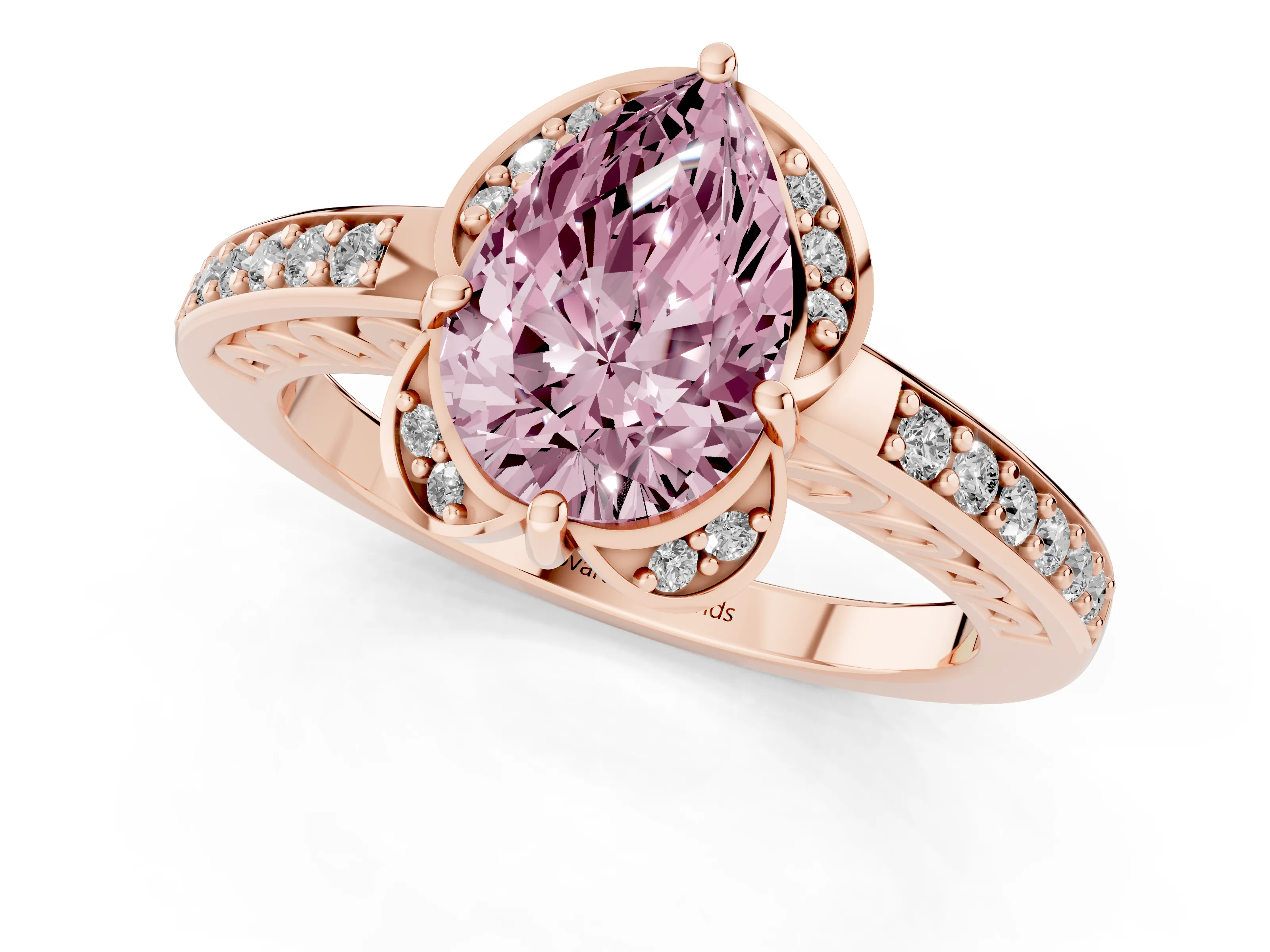 Fancy Pink Pear Cut Diamond Halo Ring Set in Rose gold with Channel Set Band and Prong Setting