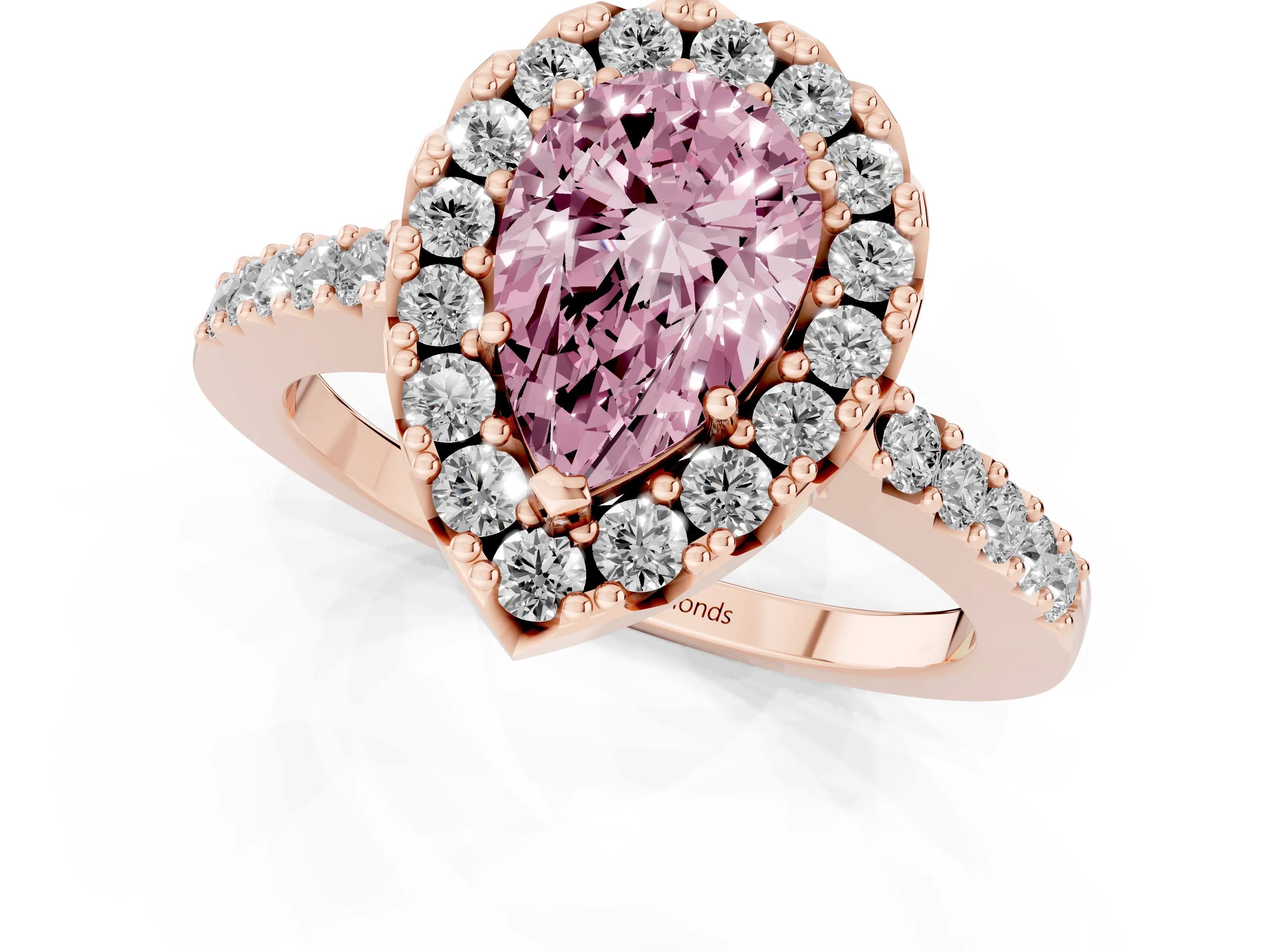 Fancy Pink Pear Cut Diamond Halo Pavé Solitaire Ring Set in Rose gold with Prong-Set Center Stone