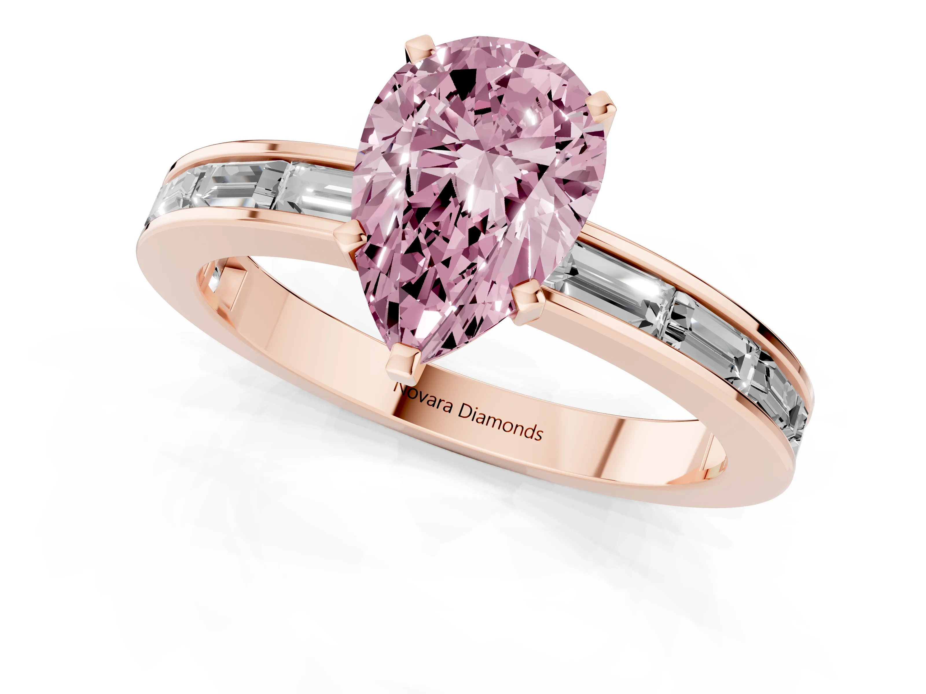 Fancy Pink Pear Cut Diamond Solitaire Ring Set in Rose gold with Channel-Set Baguette Band and Prong Setting