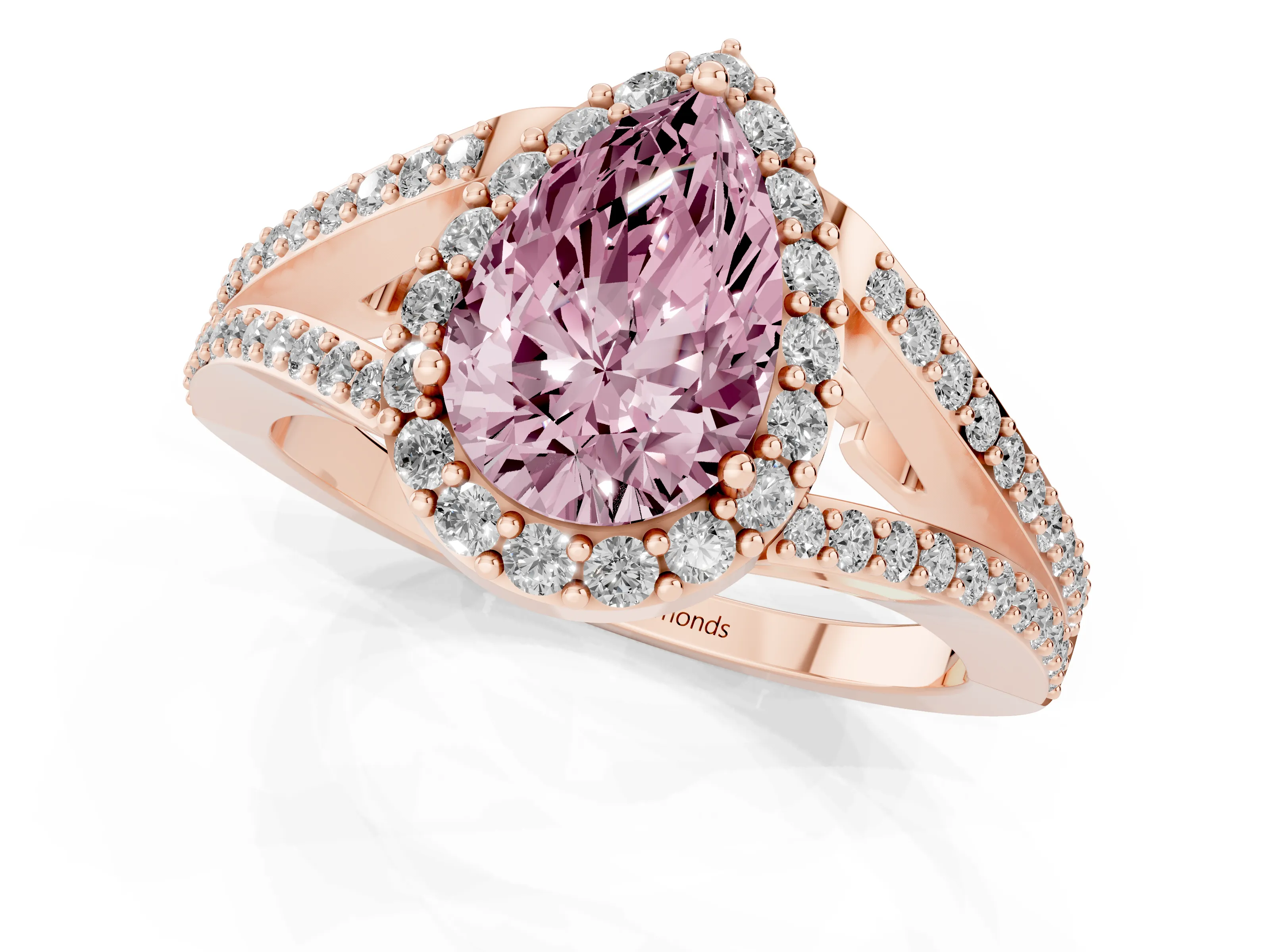 Fancy Pink Pear Cut Diamond Halo Split Shank Pavé Ring Set in Rose gold with Prong Setting