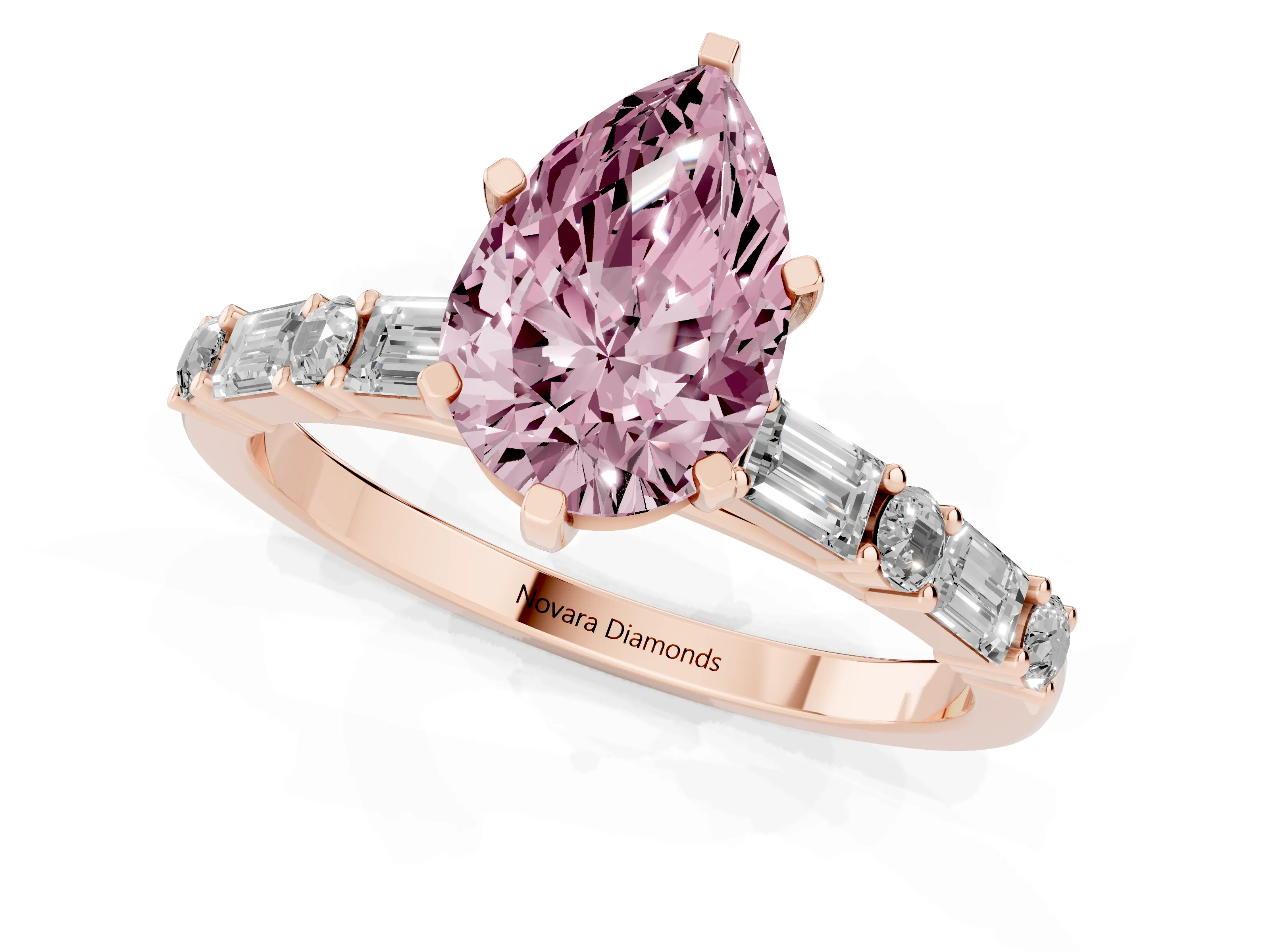 Fancy Pink Pear Cut Diamond Solitaire Set in Rose gold with Side Baguettes and Channel Set Band