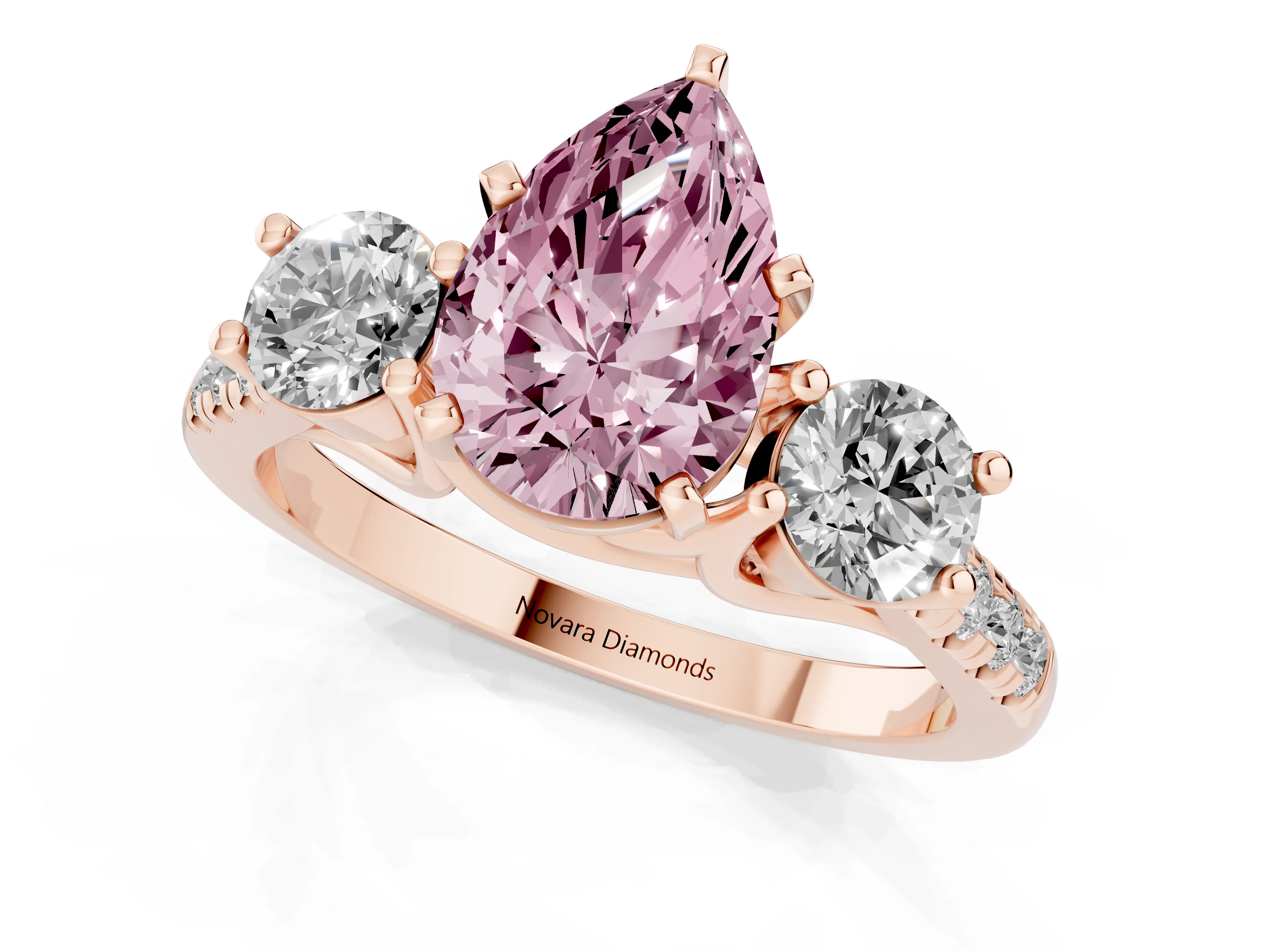Fancy Pink Three-Stone Pear Cut Diamond Pavé Band Ring Set in Rose gold with Prong-Set Trio
