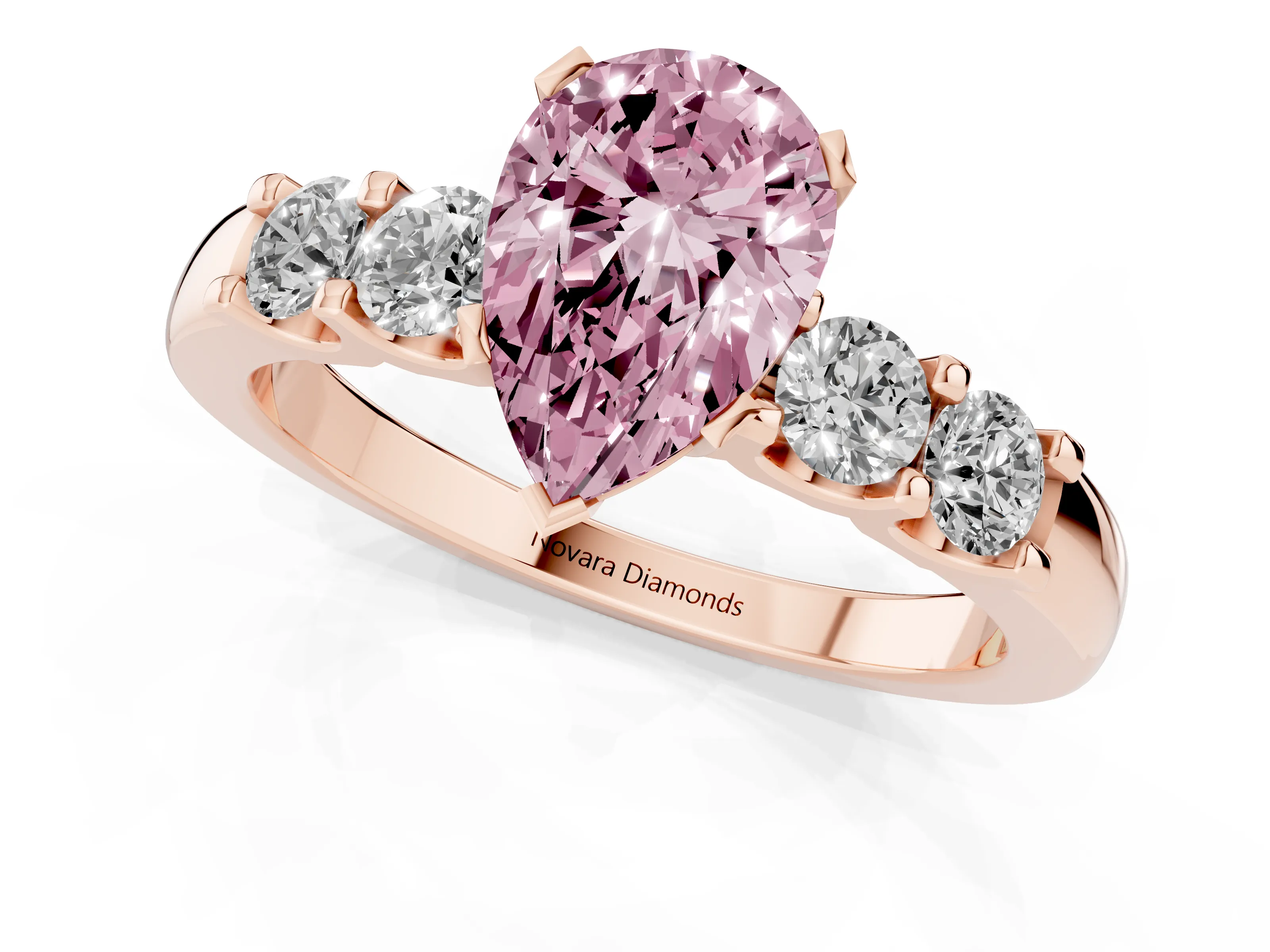 Fancy Pink Pear Cut Diamond Five-Stone Prong Set Engagement Ring Set in Rose gold with Channel Band