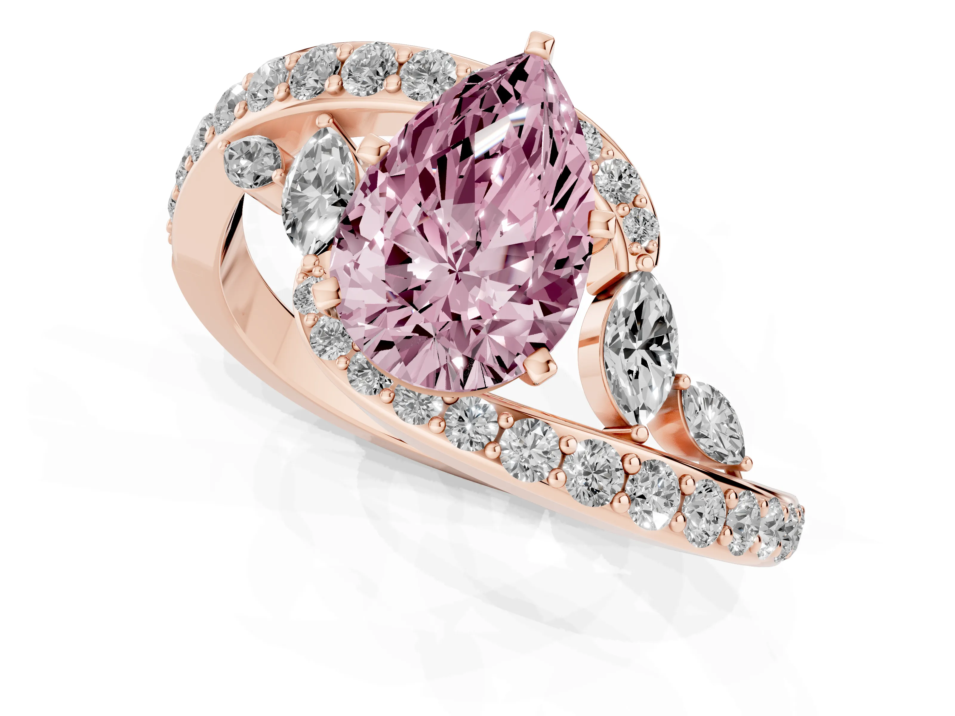 Fancy Pink Pear Cut Diamond Solitaire Ring Set in Rose gold with Pavé Twist Band and Secure Prong Setting