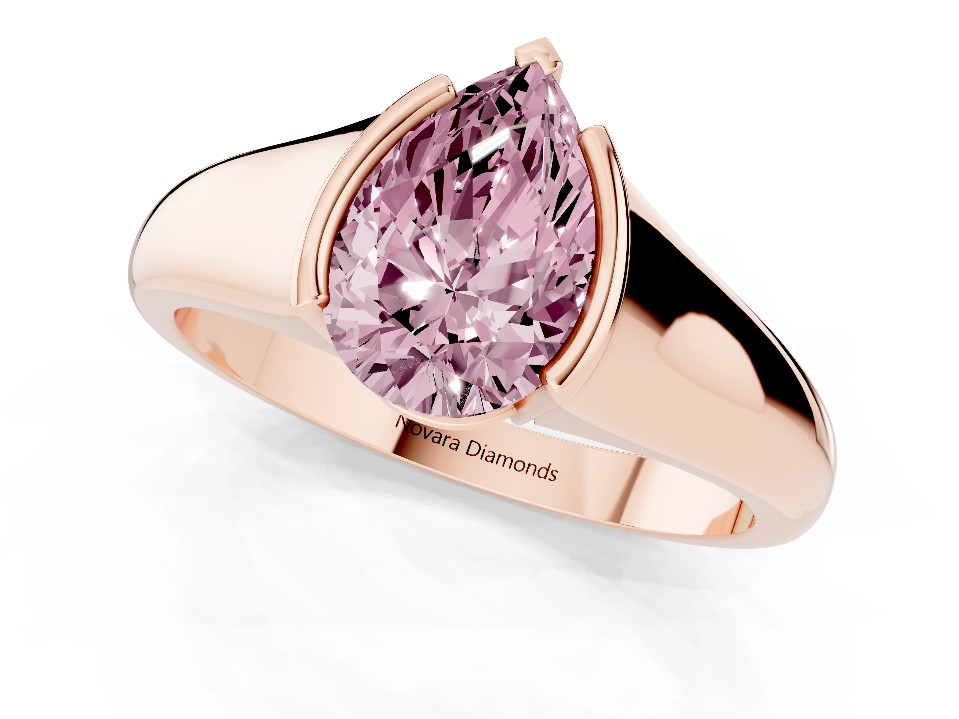 Fancy Pink Pear Cut Diamond Solitaire Tension Set Ring Set in Rose gold with Split Shank Band