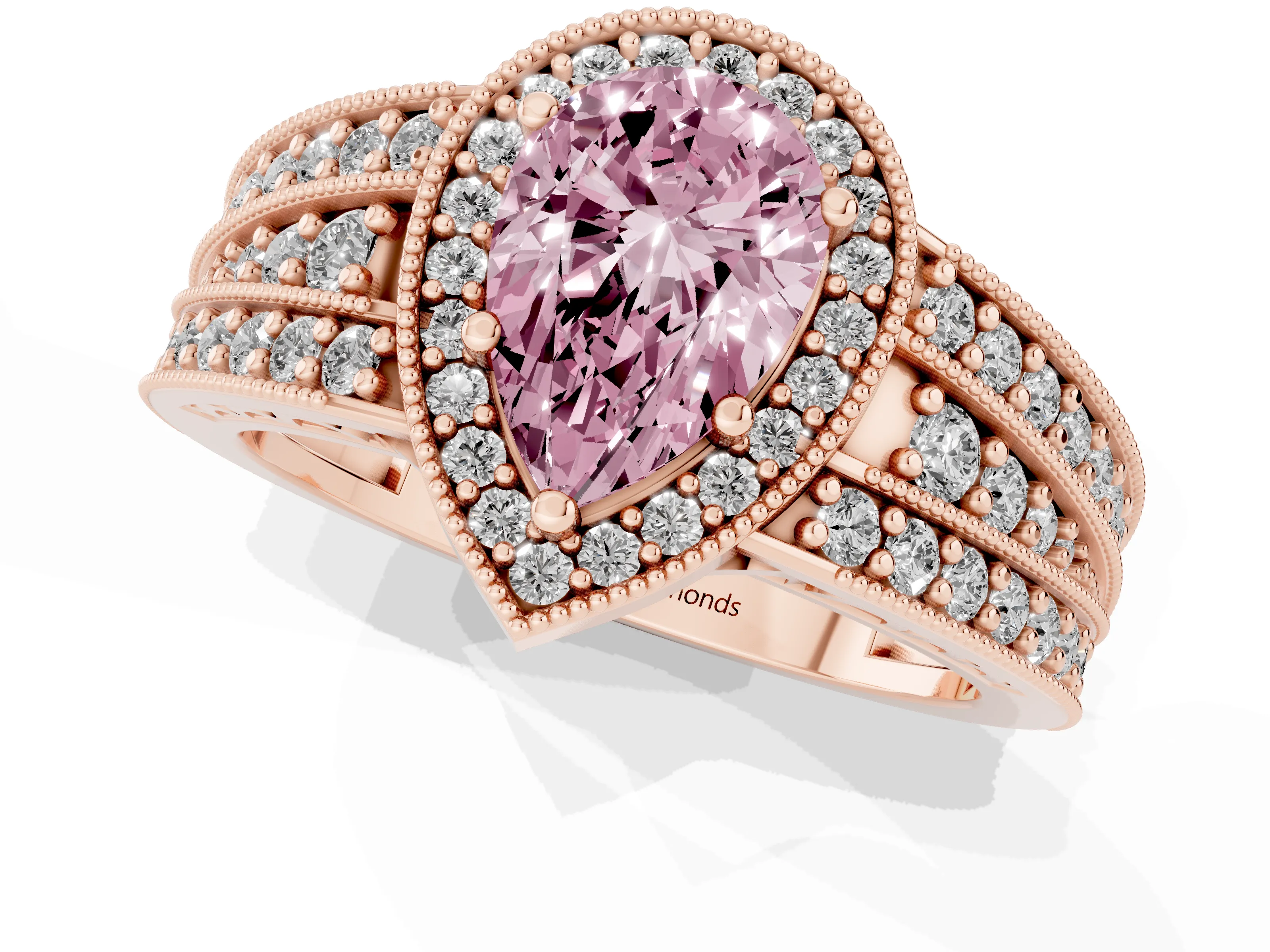 Fancy Pink Pear Cut Diamond Halo Ring Set in Rose gold with Accent Split Shank and Prong Setting