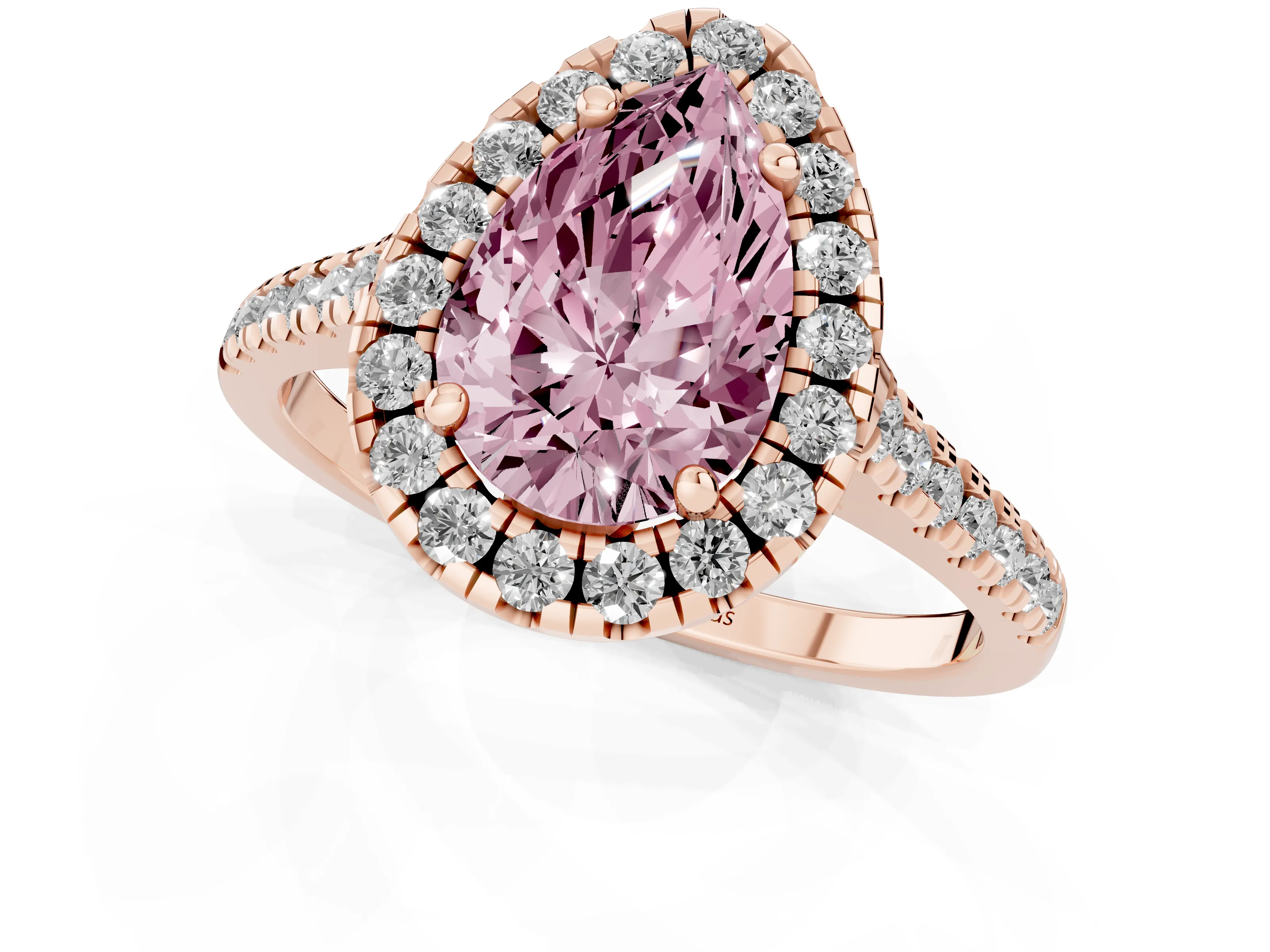 Fancy Pink Pear Cut Diamond Cushion Halo Ring Set in Rose gold with Pavé Band