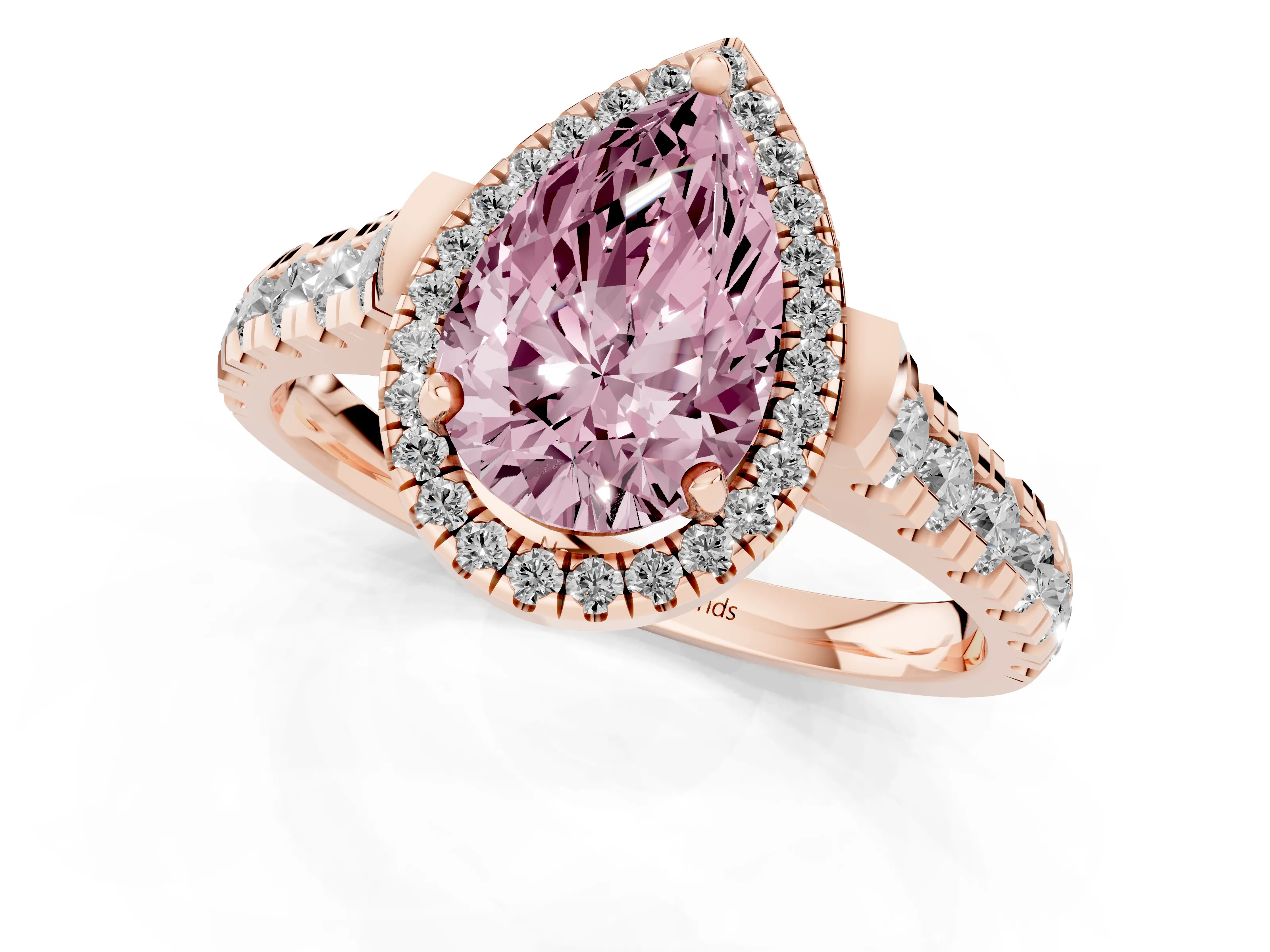 Fancy Pink Pear Cut Diamond Halo Engagement Ring Set in Rose gold with Pavé Band and Prong-Set Center