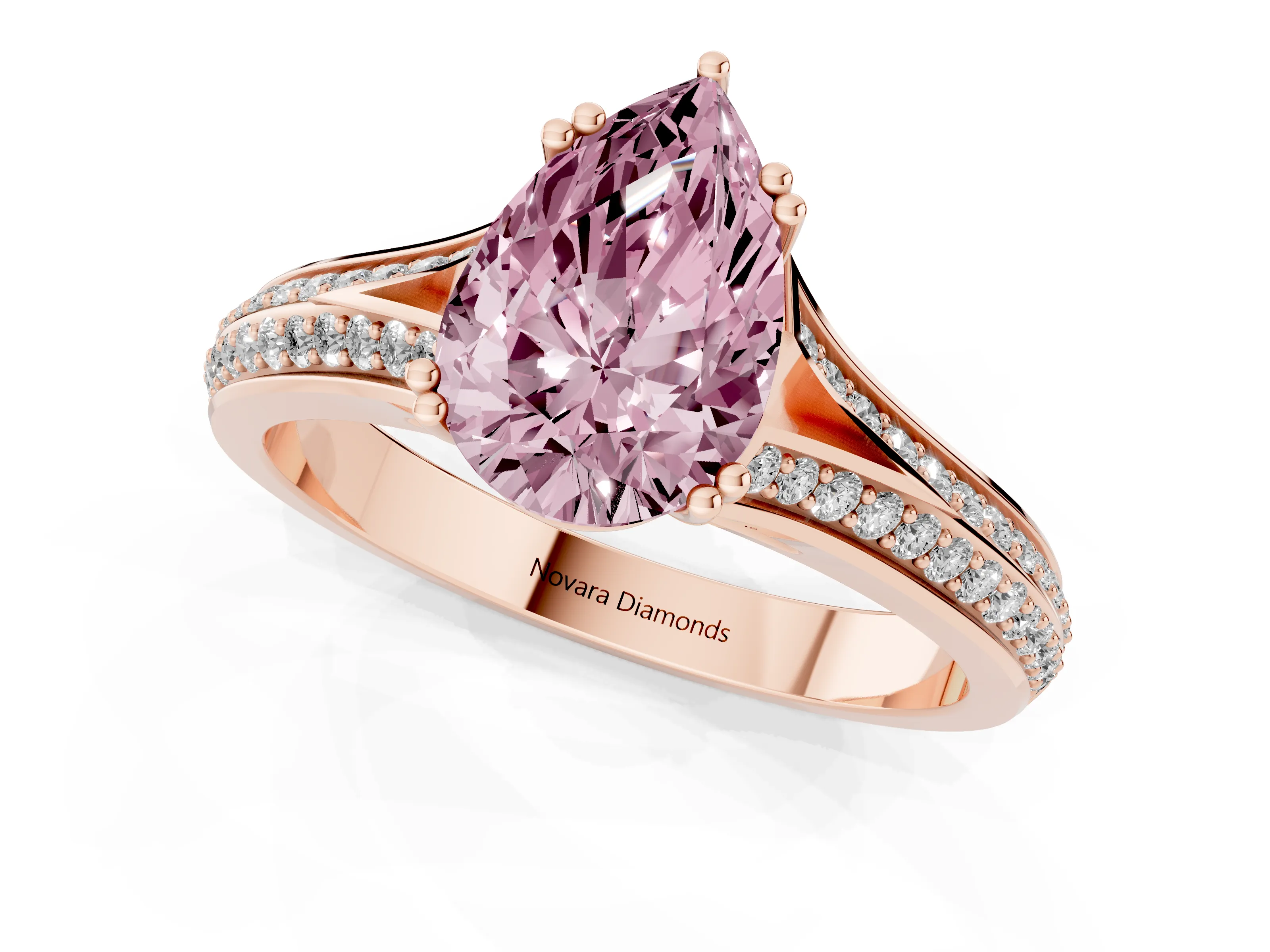 Fancy Pink Pear Cut Diamond Split Shank Pavé Engagement Ring Set in Rose gold with Prong-Set Center Stone