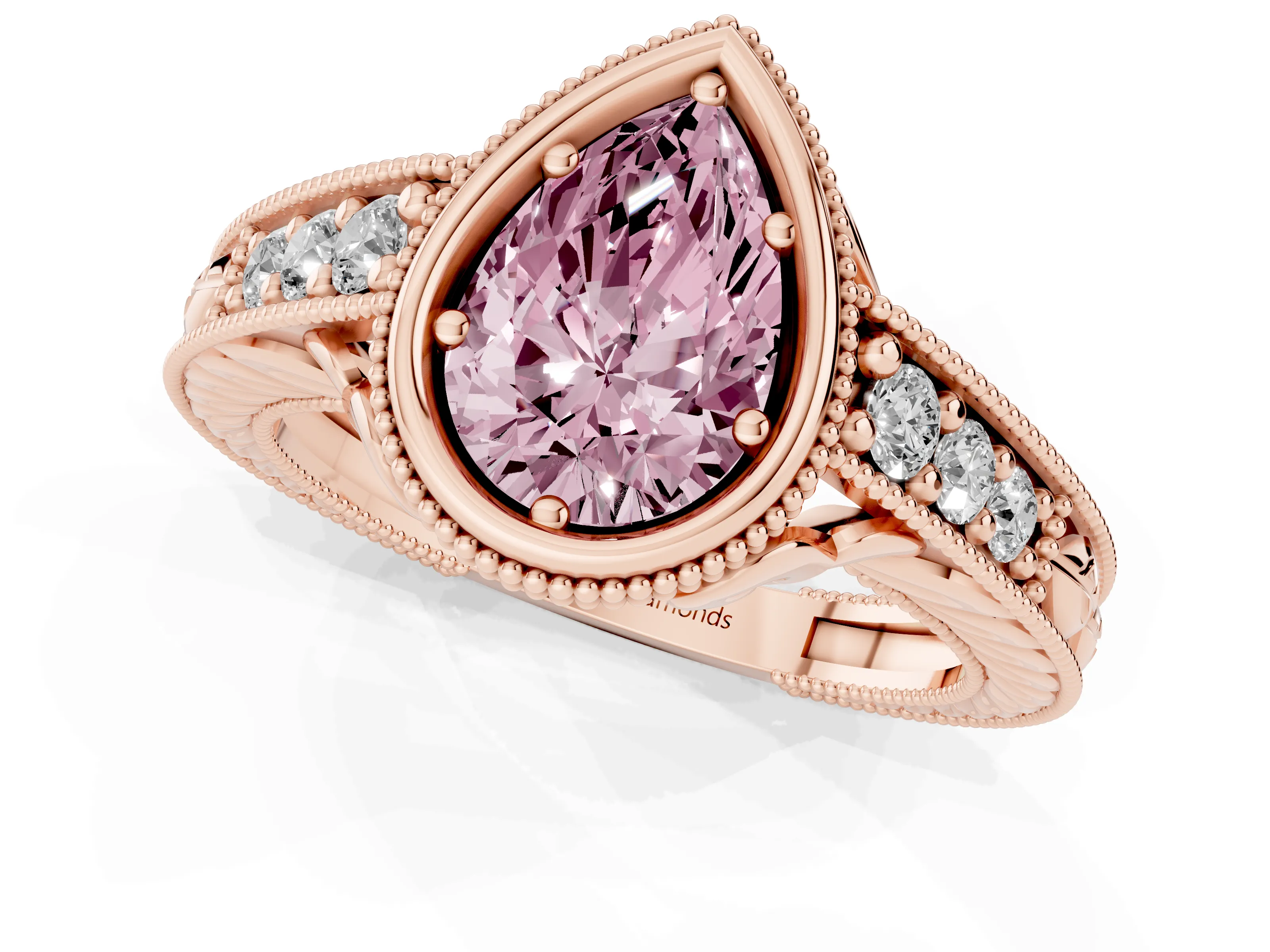 Fancy Pink Bezel Set Pear Cut Diamond Milgrain Pavé Engagement Ring Set in Rose gold
