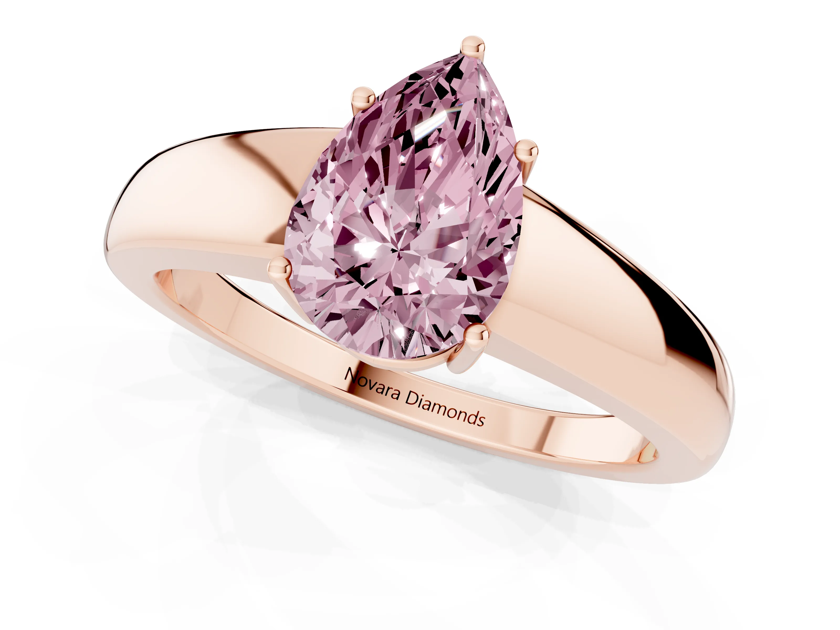 Fancy Pink Pear Cut Diamond Solitaire Ring Set in Rose gold with Tapered Band and Prong Setting