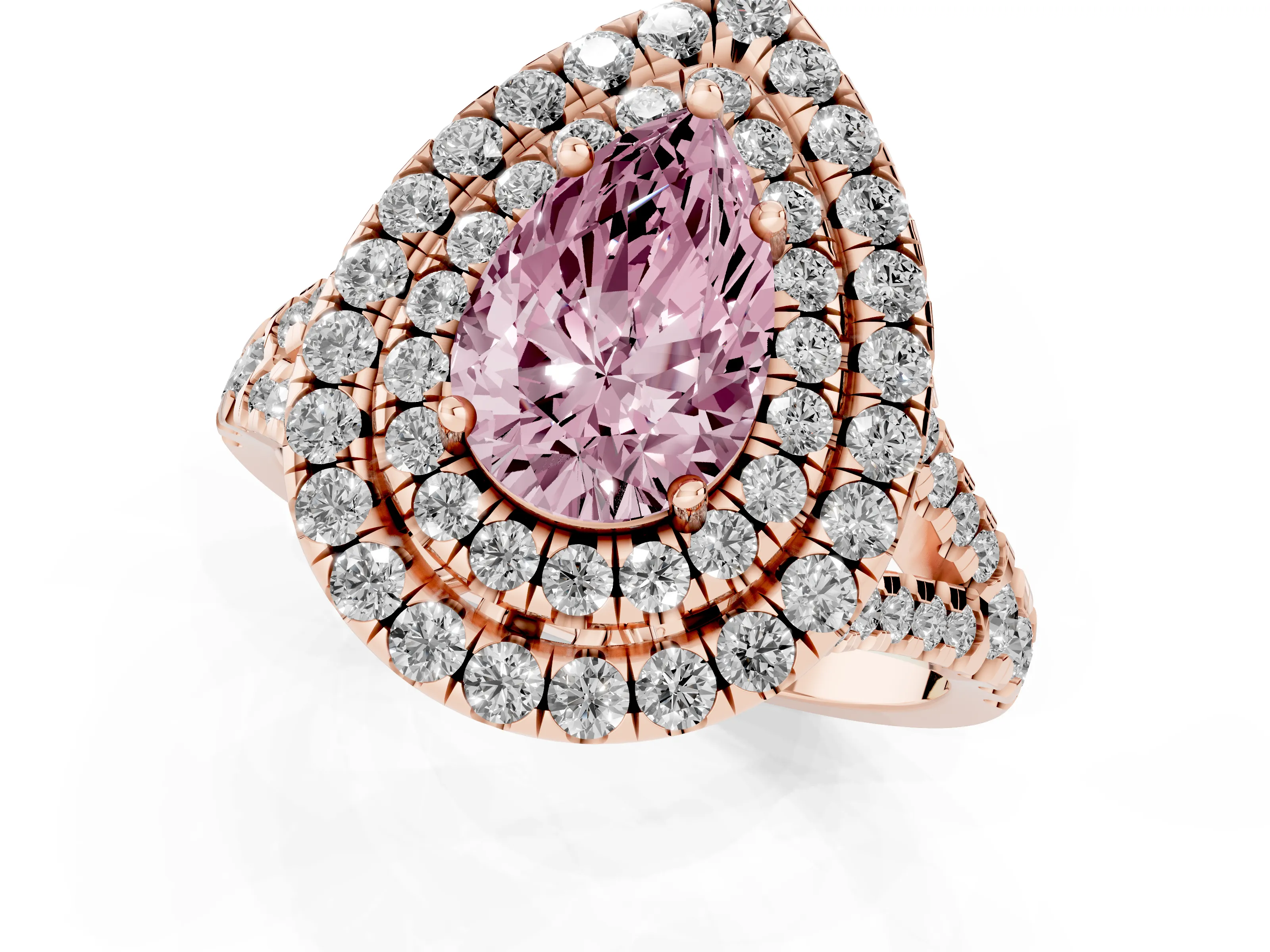 Fancy Pink Pear Cut Diamond Double Halo Ring Set in Rose gold with Pavé Split Shank and Prong Setting