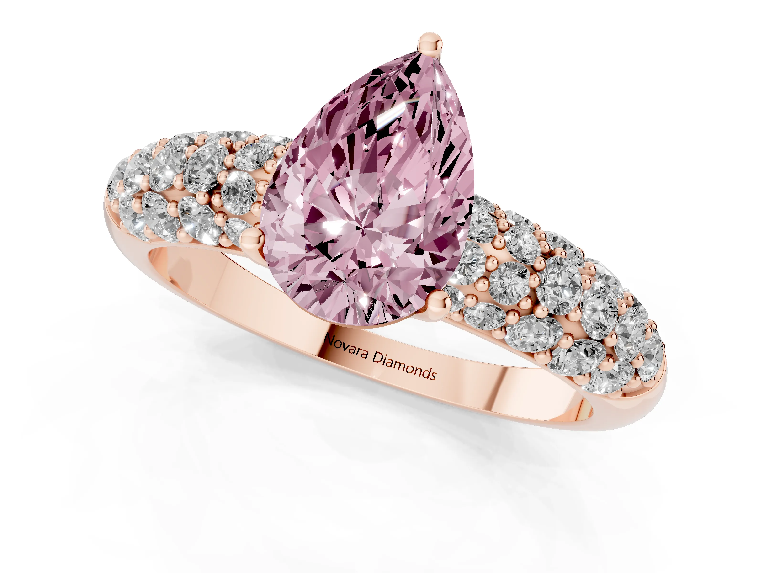 Fancy Pink Pear Cut Diamond Pavé Band Solitaire Ring Set in Rose gold with Close-Set Accent Stones and Prong Setting