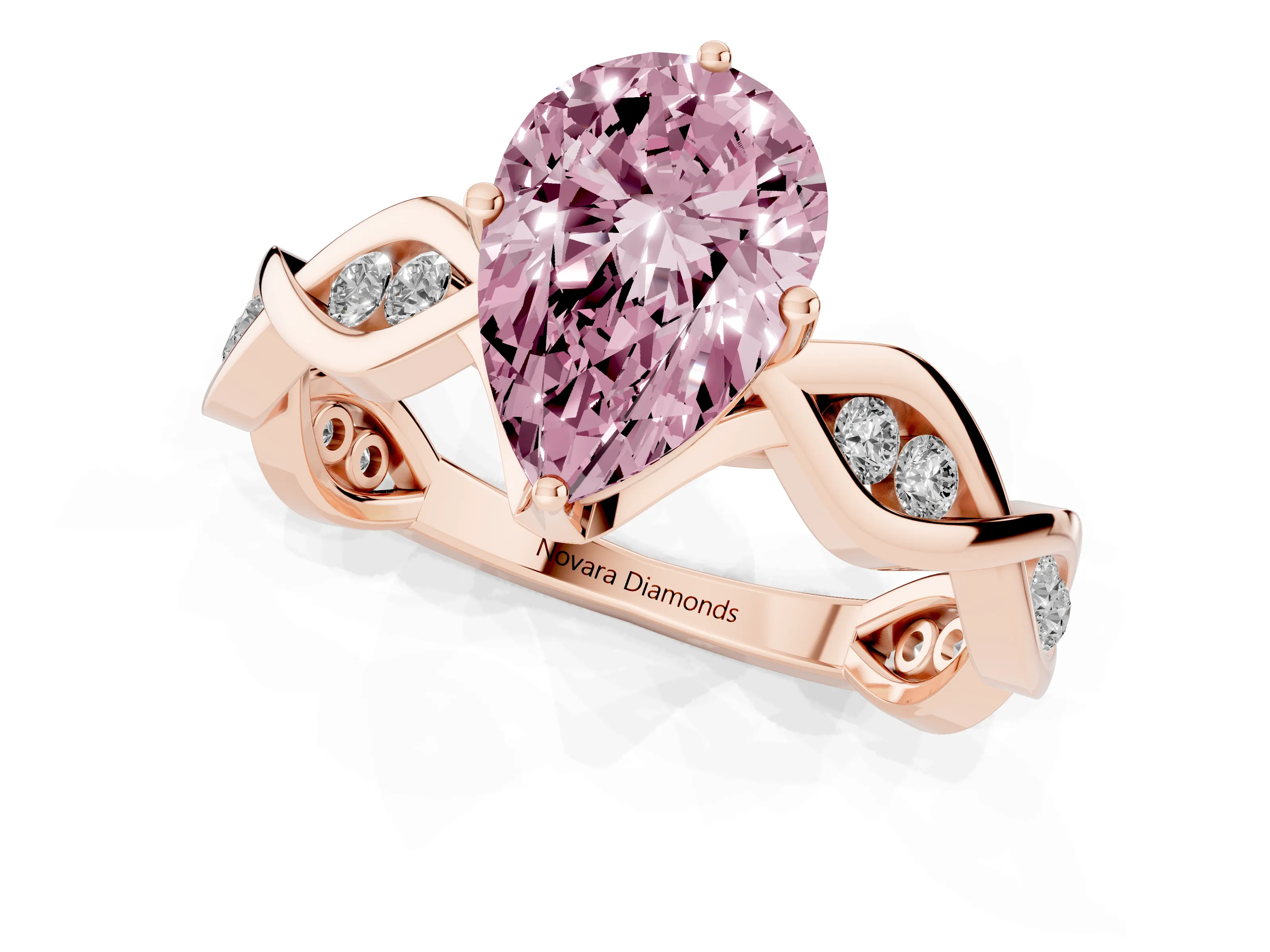 Fancy Pink Pear Cut Diamond Twist Band Solitaire Ring Set in Rose gold with Leaf Prong Setting and Accent Stones