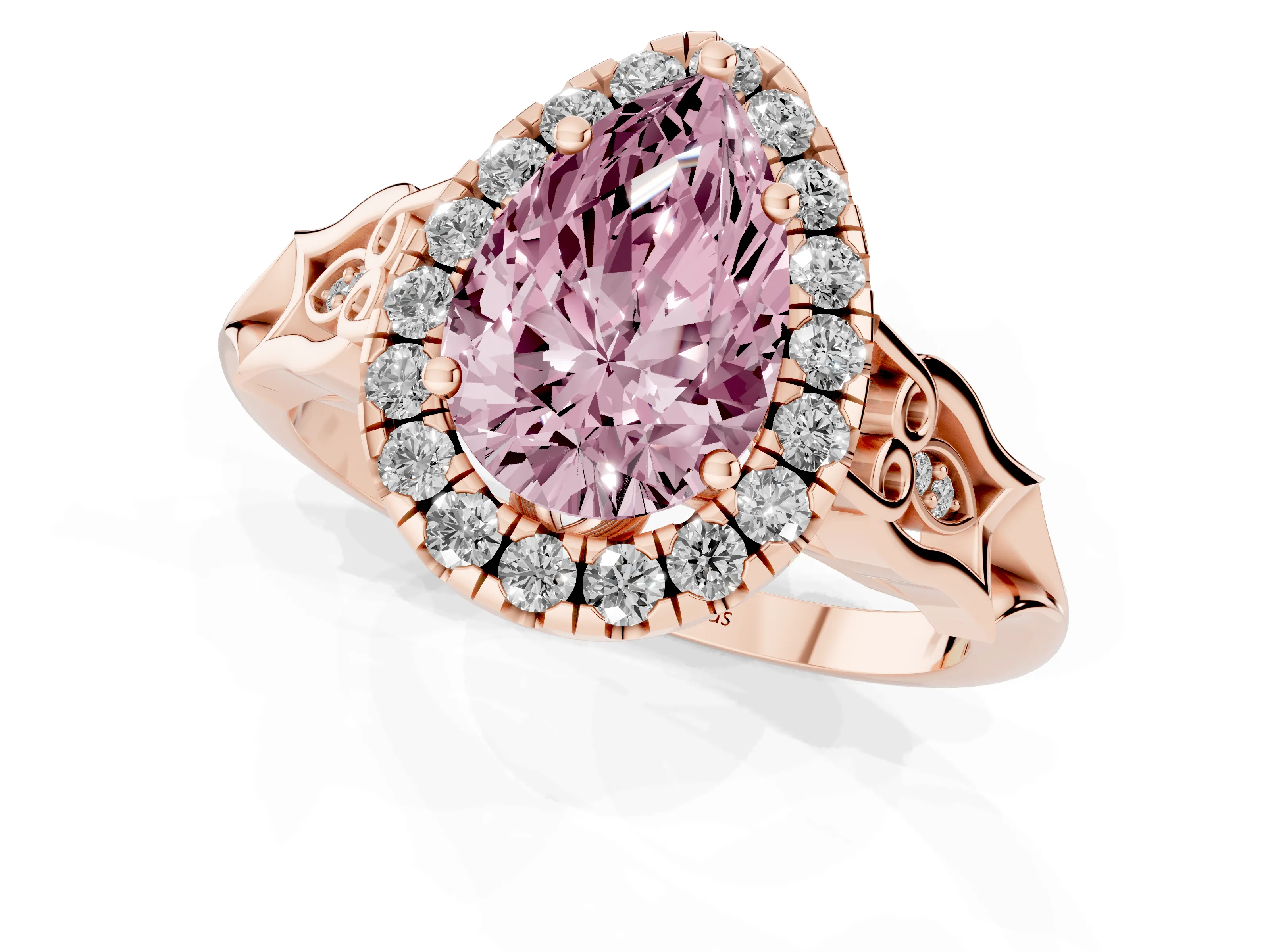 Fancy Pink Pear Cut Diamond Halo Engagement Ring Set in Rose gold with Filigree Band and Prong-Set Center
