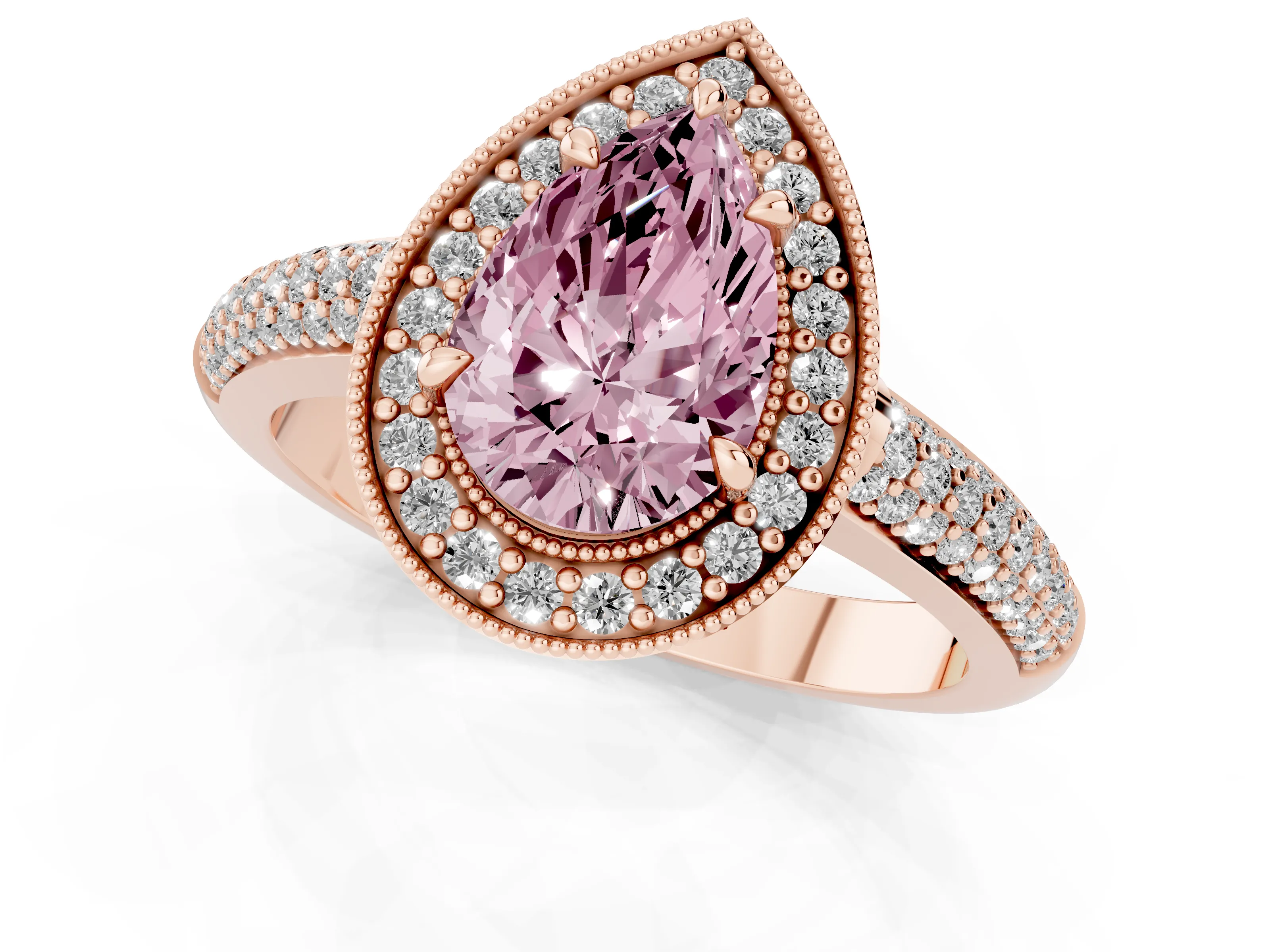 Fancy Pink Pear Cut Diamond Halo Pavé Band Set in Rose gold with Prong Setting