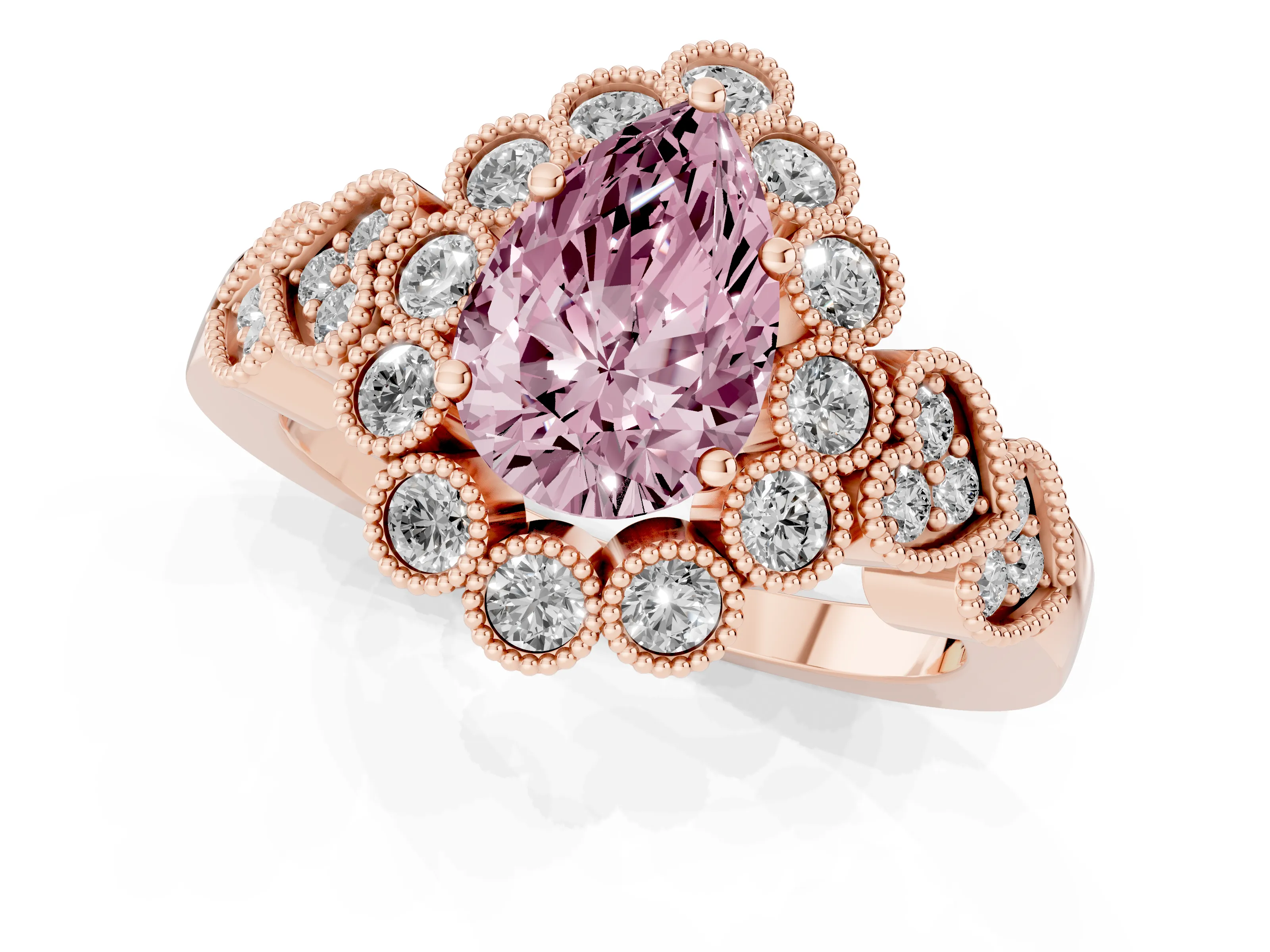 Fancy Pink Pear Cut Diamond Solitaire Ring Set in Rose gold with Milgrain Pavé Heart Band
