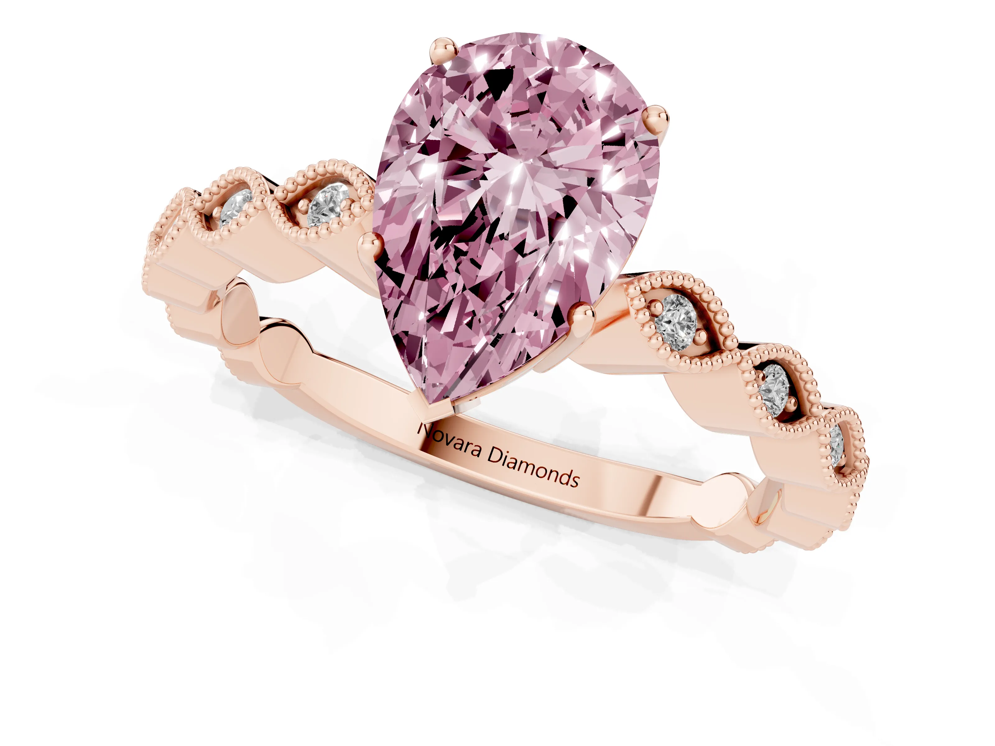 Fancy Pink Pear Cut Diamond Solitaire Ring Set in Rose gold with Infinity Twist Pavé Band