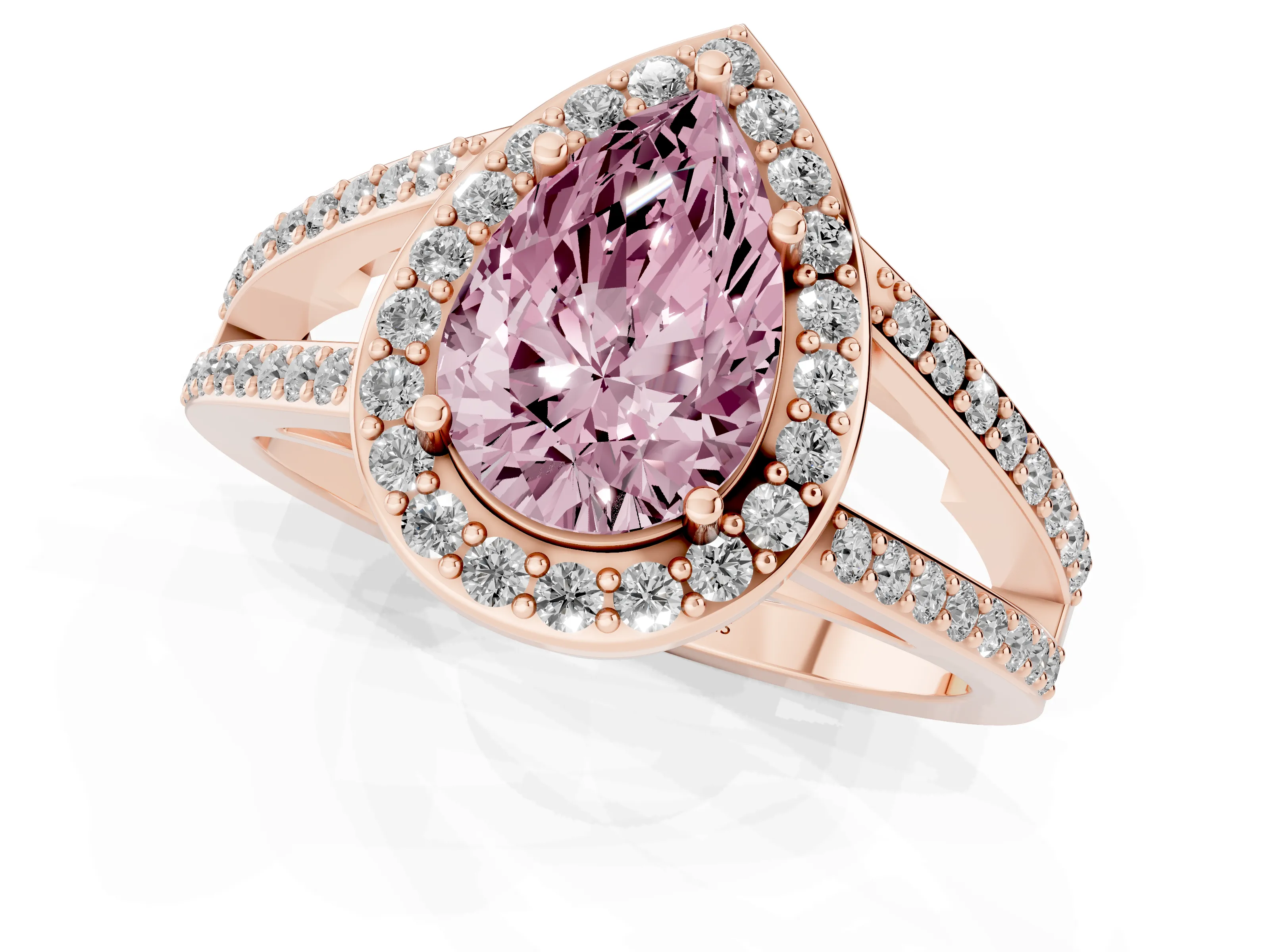 Fancy Pink Pear Cut Diamond Halo Ring Set in Rose gold with U-Prong Split Shank and Prong Setting