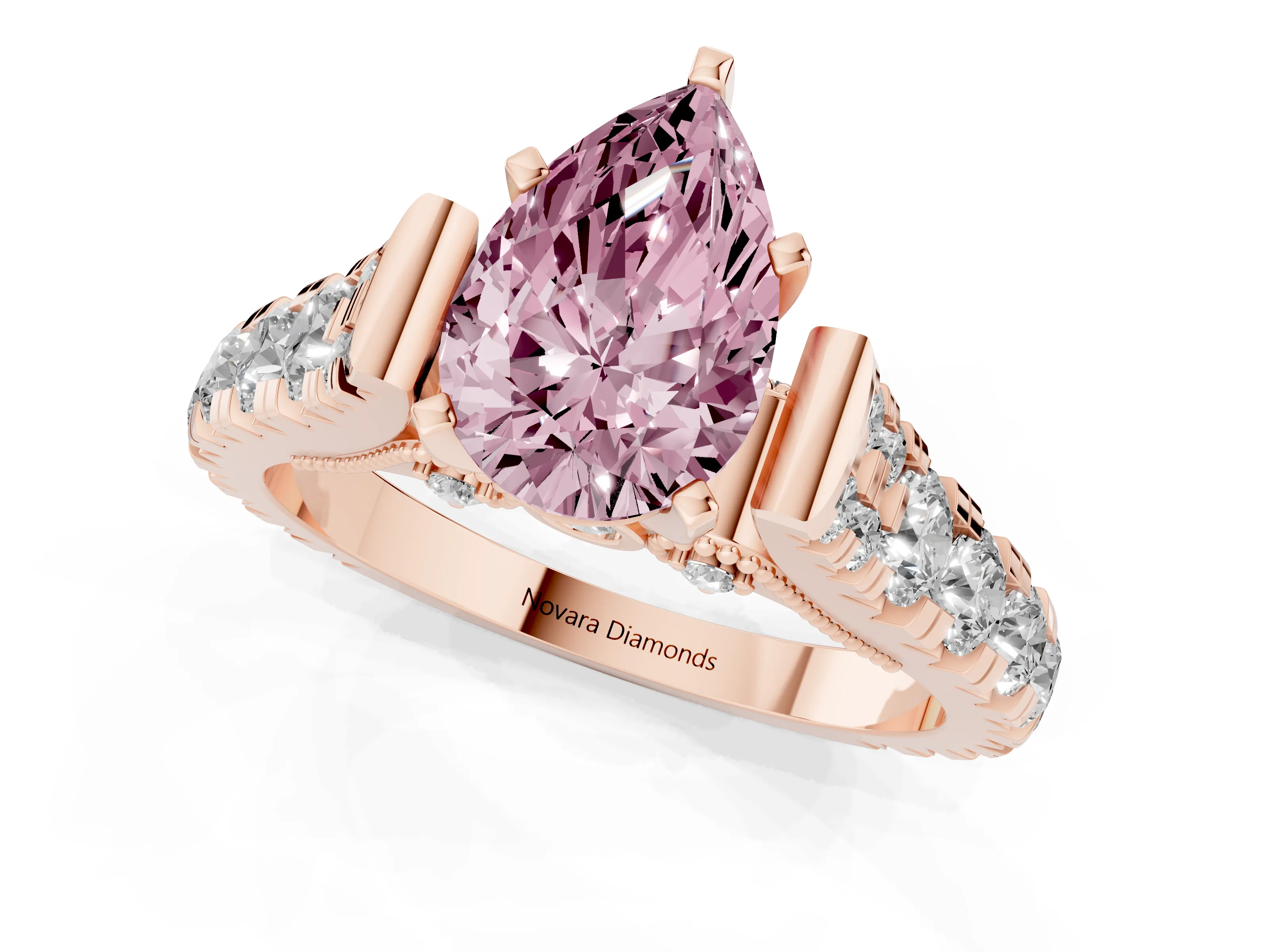 Fancy Pink Pear Cut Diamond Classic Solitaire Ring Set in Rose gold with Pavé Band and Prong Setting