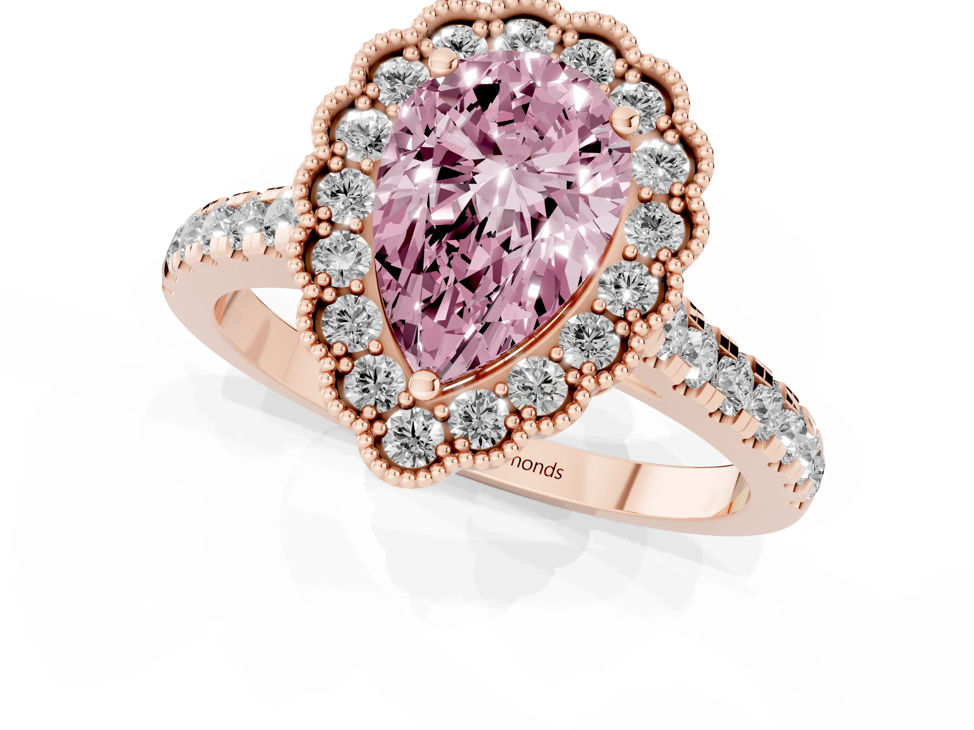 Fancy Pink Pear Cut Diamond Milgrain Floral Halo Engagement Ring Set in Rose gold with Pavé Band