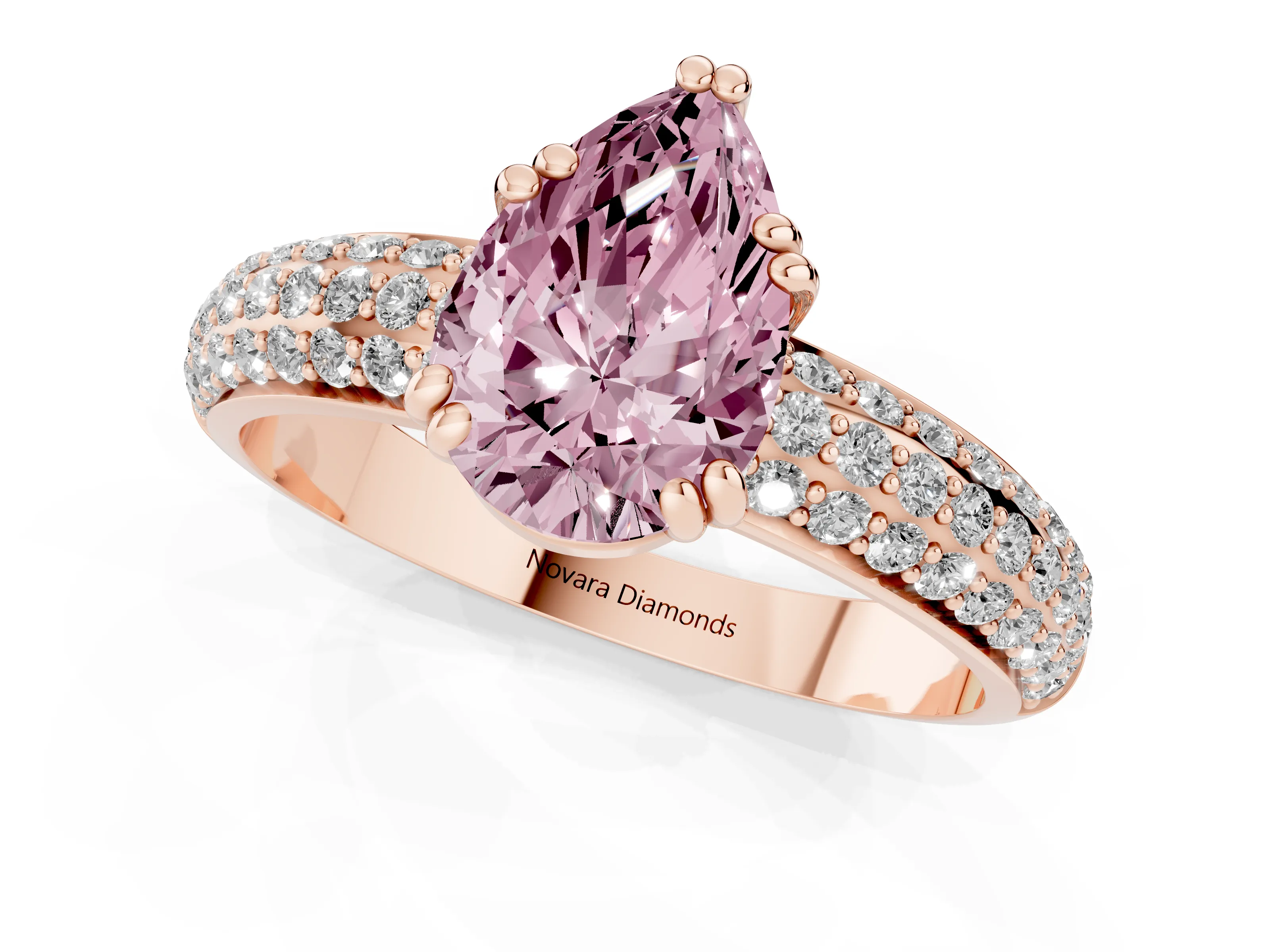 Fancy Pink Pear Cut Diamond Solitaire Ring Set in Rose gold with Multi-Row Round Pavé Band and Prong Setting