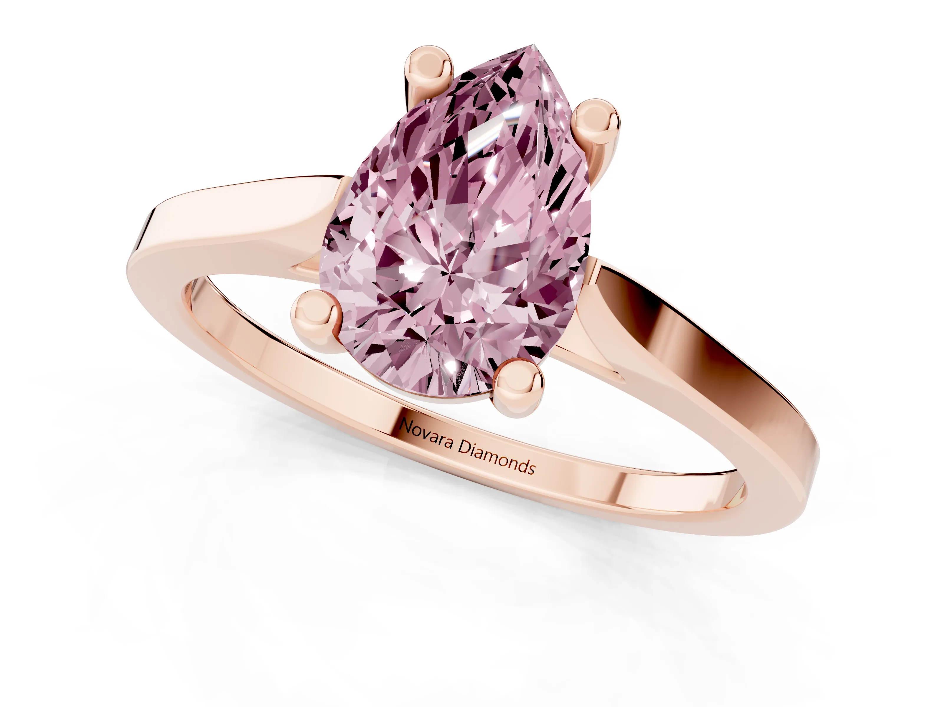 Fancy Pink Pear Cut Diamond Solitaire Ring Set in Rose gold with Prong Setting and Tapered Band