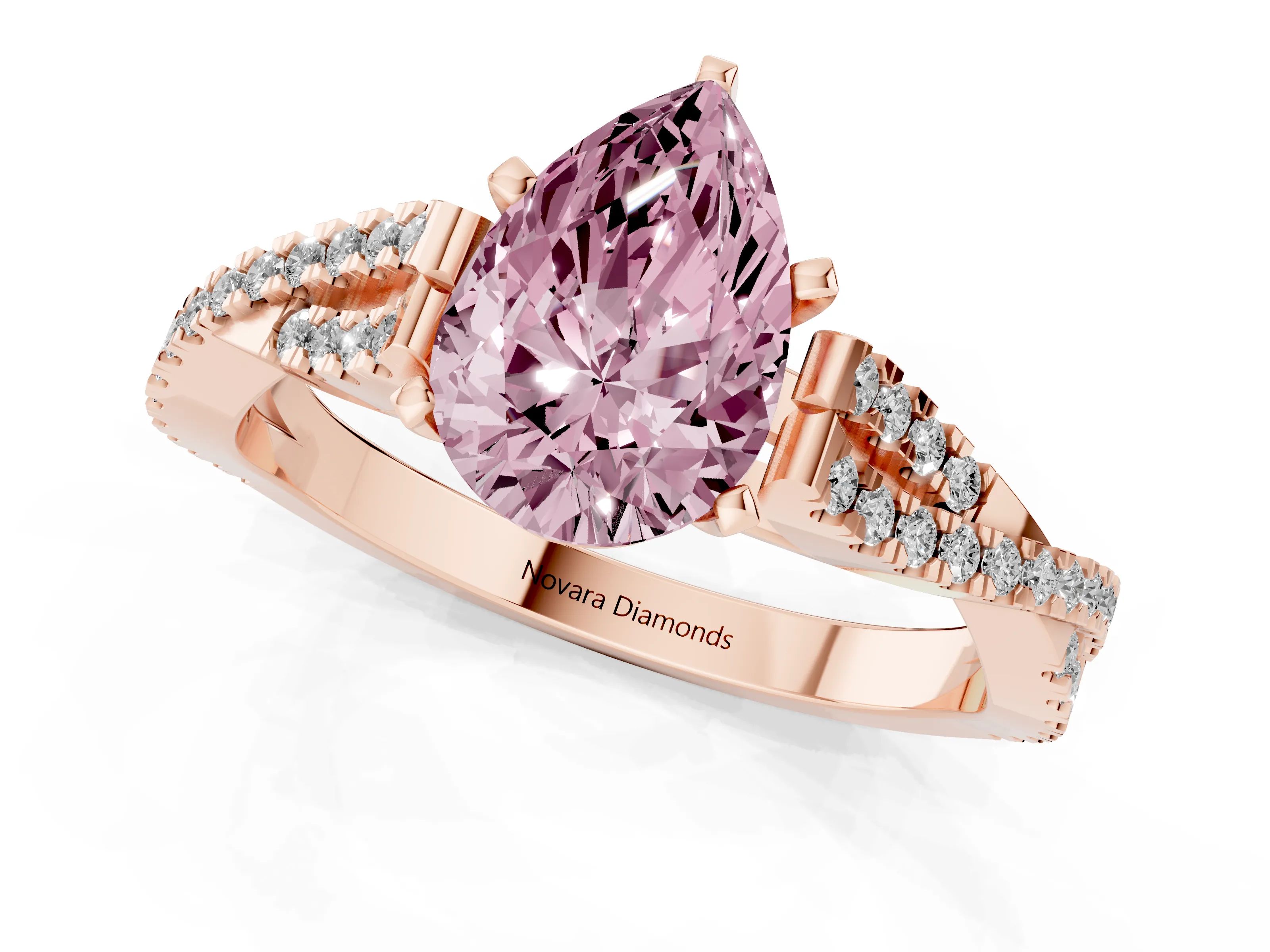 Fancy Pink Pear Cut Diamond Solitaire Engagement Ring Set in Rose gold with Twisted Pavé Band and Prong Setting