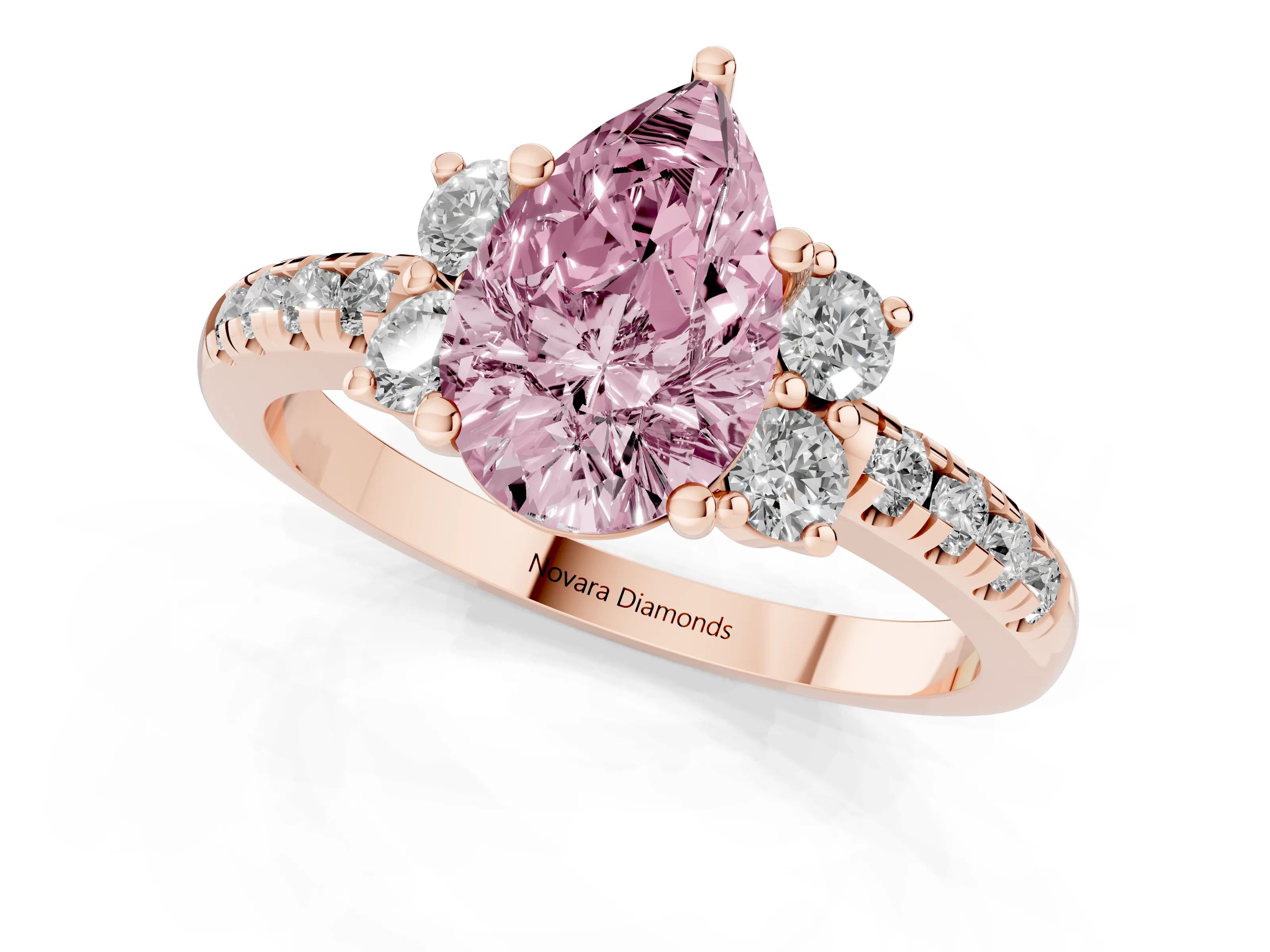 Fancy Pink Pear Cut Diamond Three-Stone Pavé Ring Set in Rose gold with Prong Setting