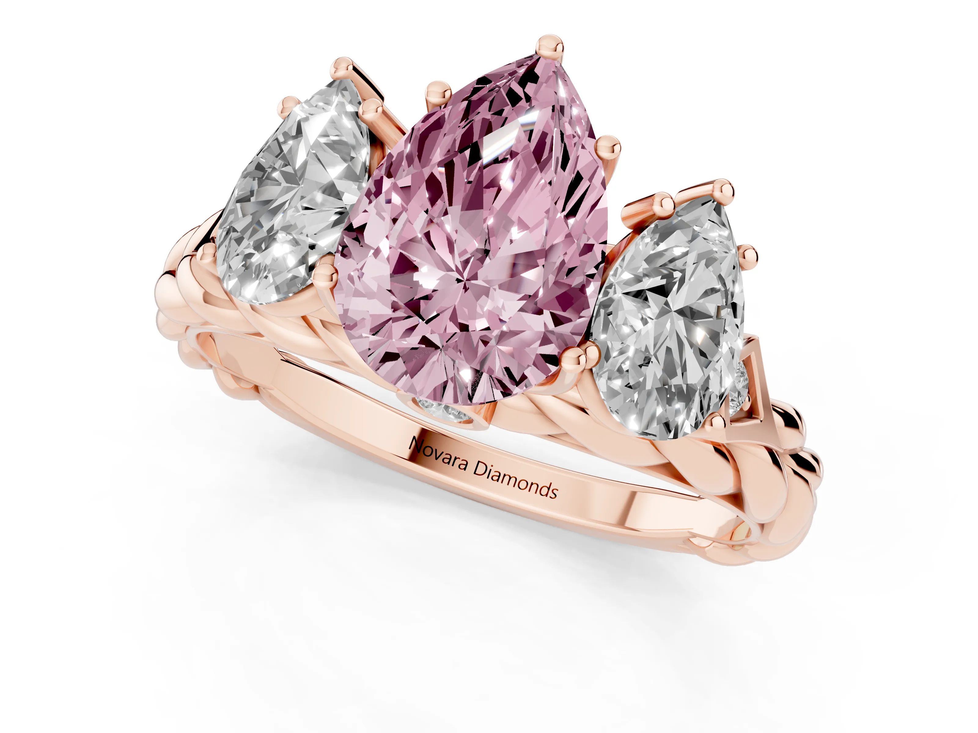 Fancy Pink Pear Cut Diamond Three-Stone Ring Set in Rose gold with Braided Band