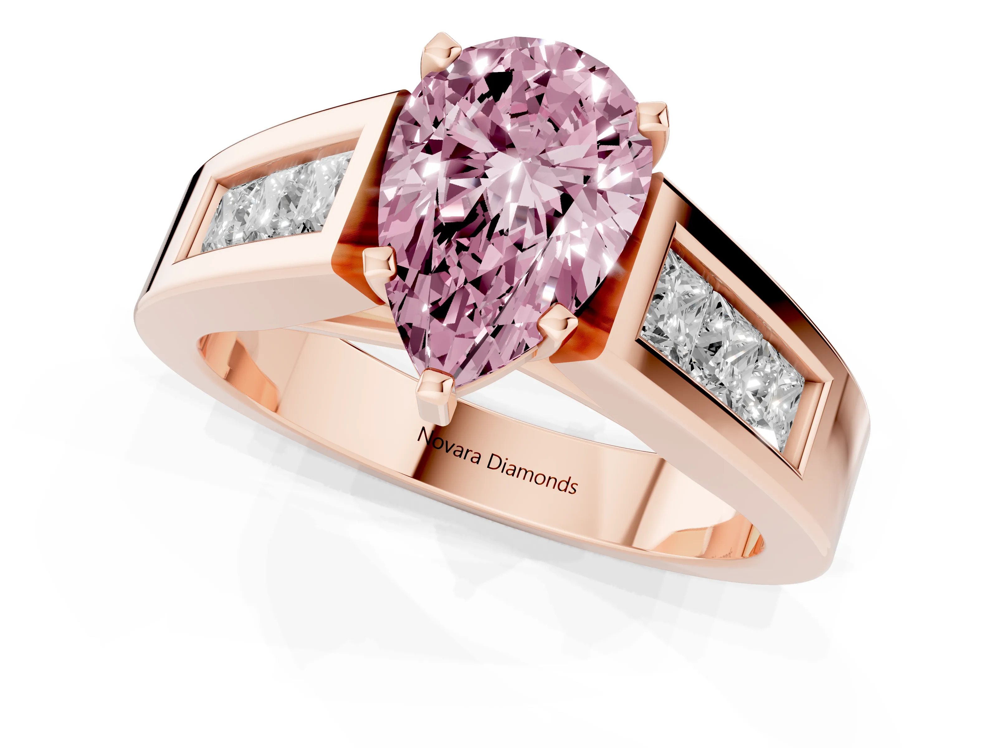 Fancy Pink Pear Cut Diamond Solitaire Ring Set in Rose gold with Channel-Set Accent Stones and Prong Setting