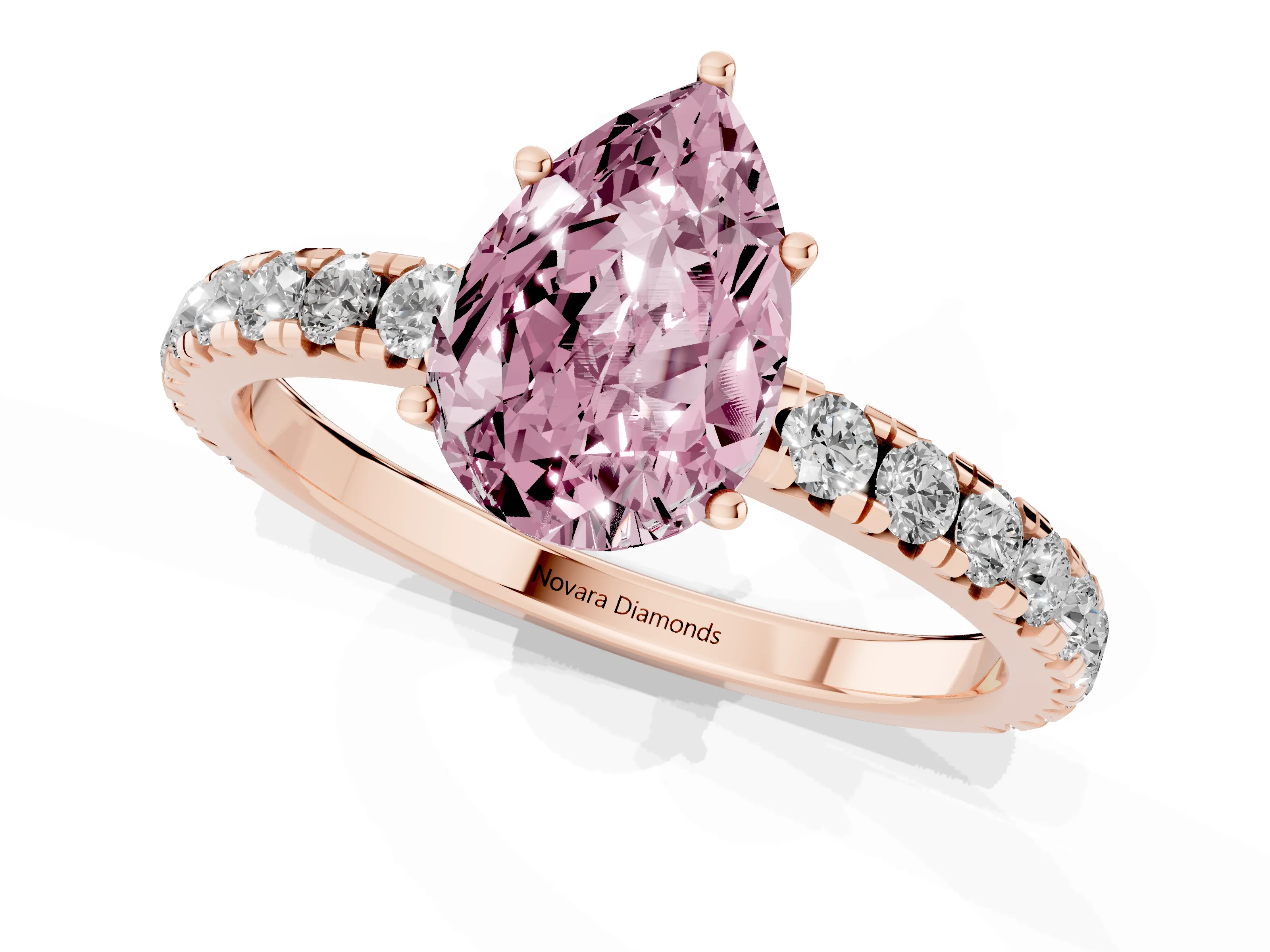 Fancy Pink Pear Cut Diamond Pavé Solitaire Engagement Ring Set in Rose gold with Prong Setting